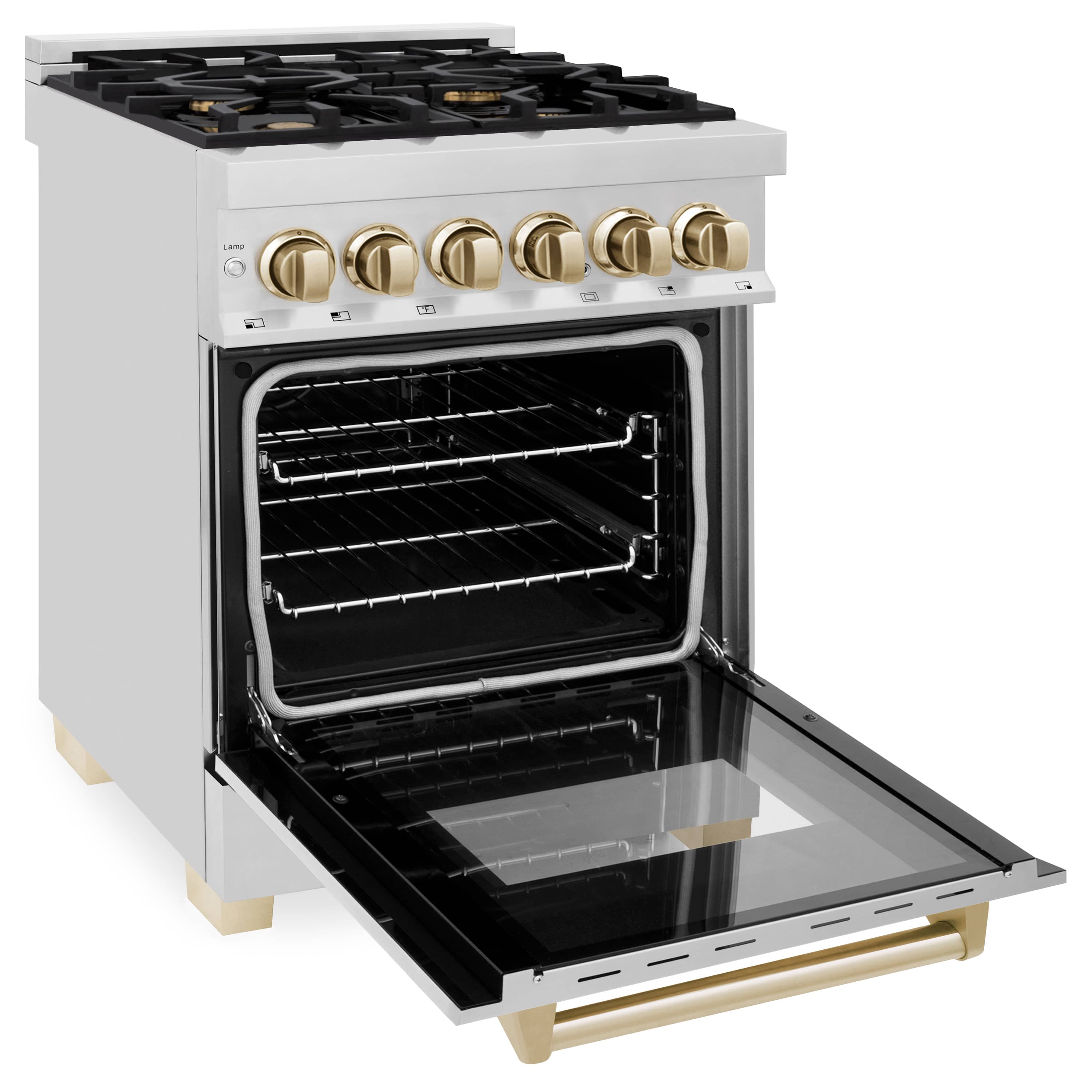Dual fuel range with open electric oven door, stainless body, black grates, gold knobs