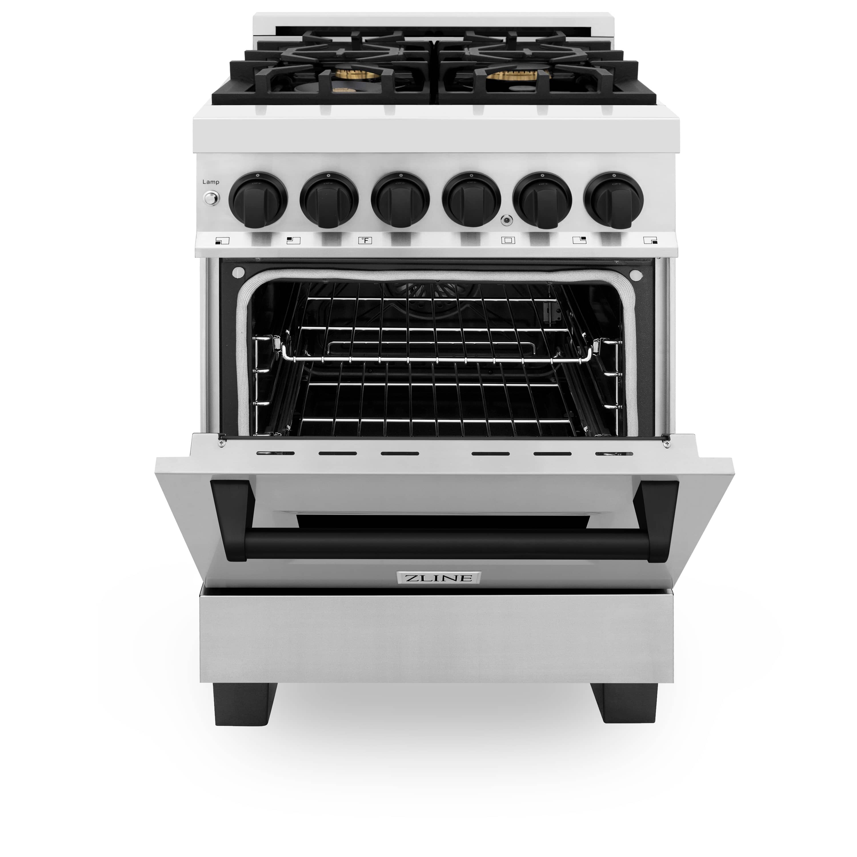 Stainless dual-fuel range with open oven door and visible oven racks, top burners on
