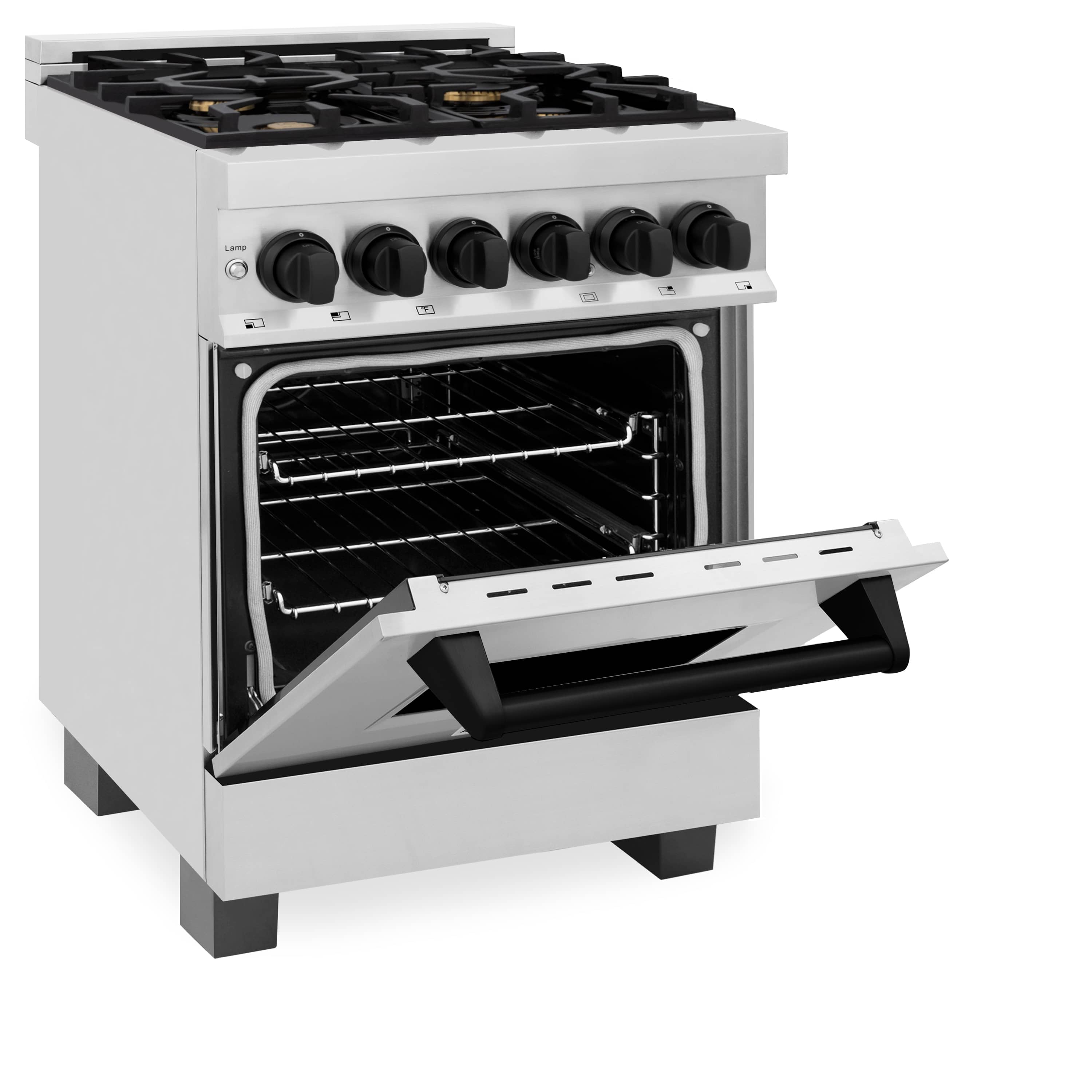 Stainless dual-fuel range with open oven door and black racks, front-left angle