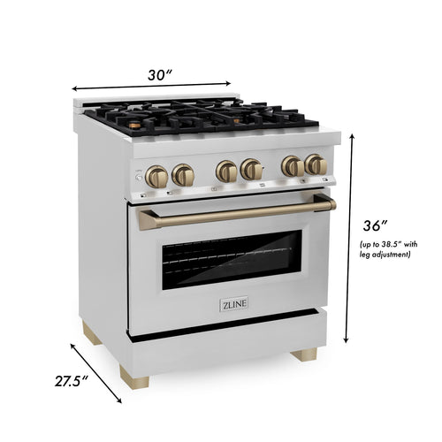 Stainless steel dual-fuel range with size diagram and brass gold control knobs