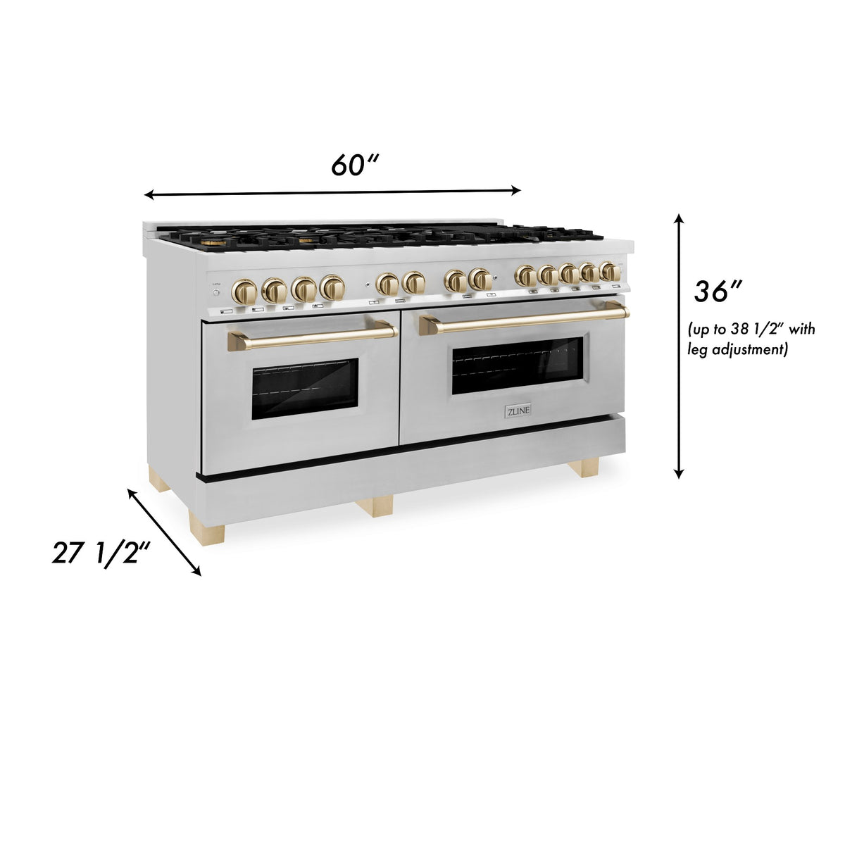 Stainless dual fuel range with dual ovens, gold trim knobs, and gas cooktop