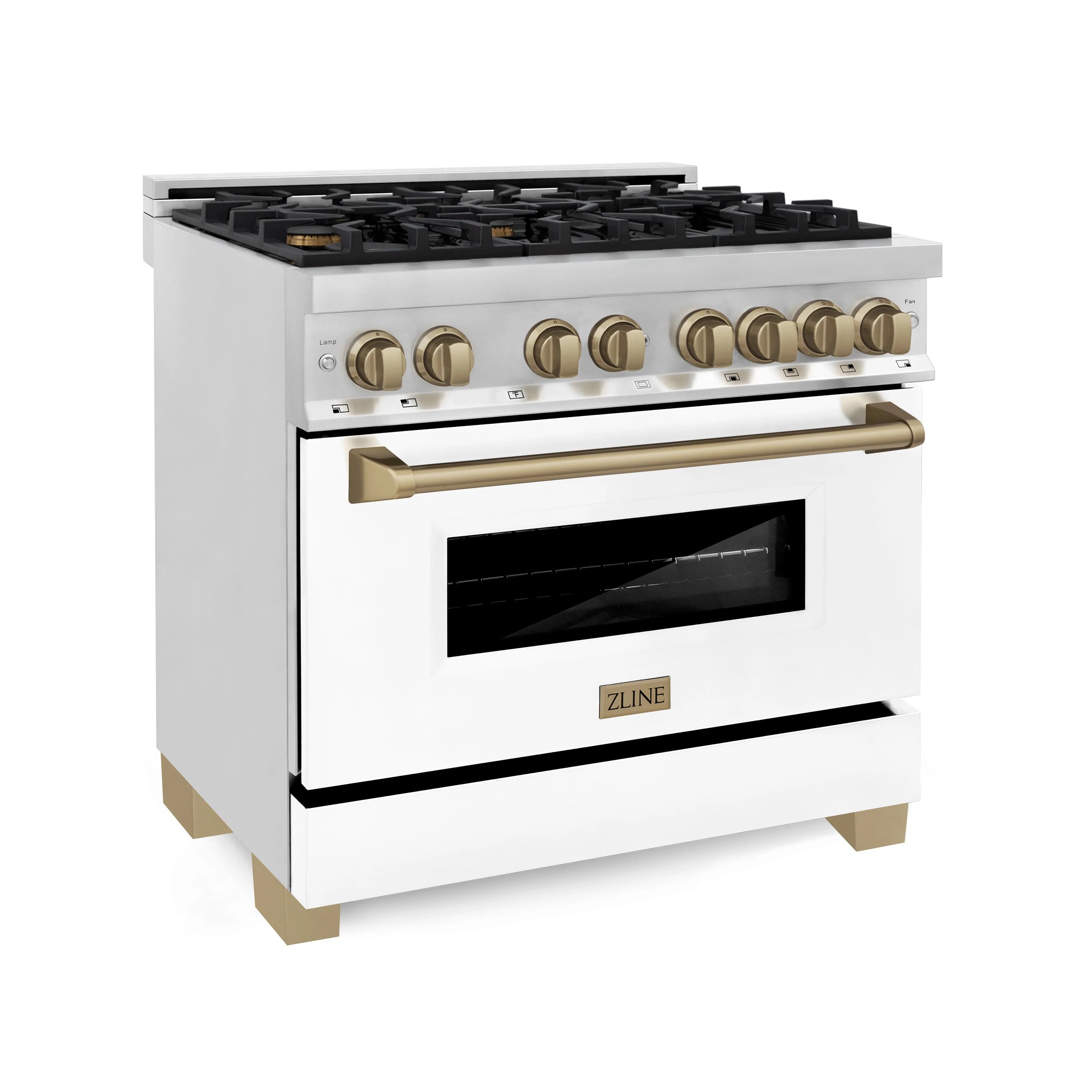 White dual fuel range with black grates, champagne bronze knobs, and open oven door