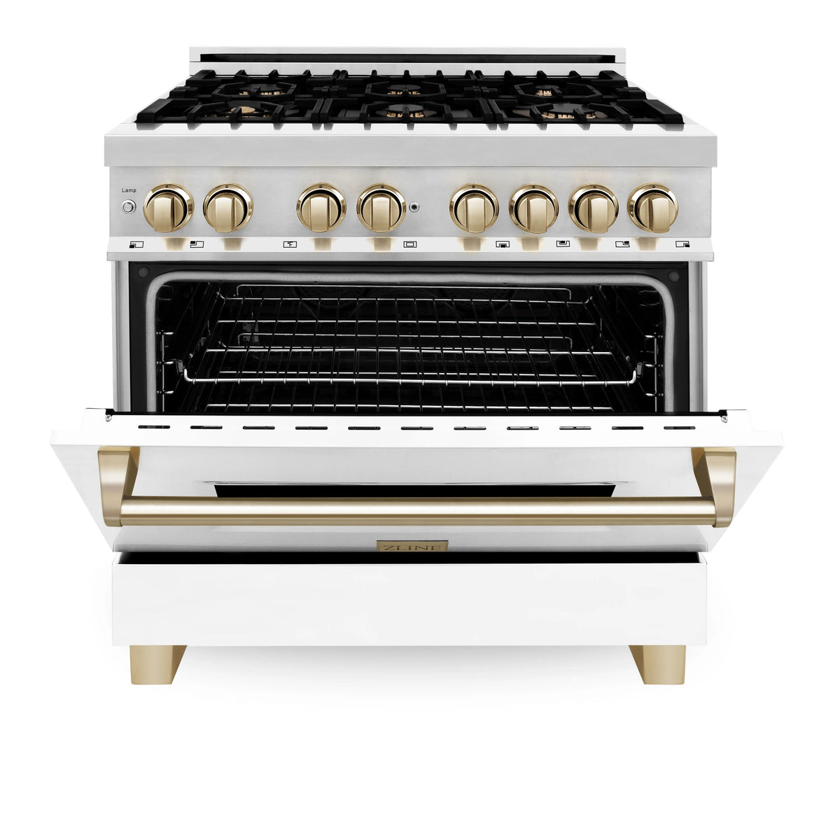 Dual fuel range with oven door open, white exterior, gold handle, black oven interior