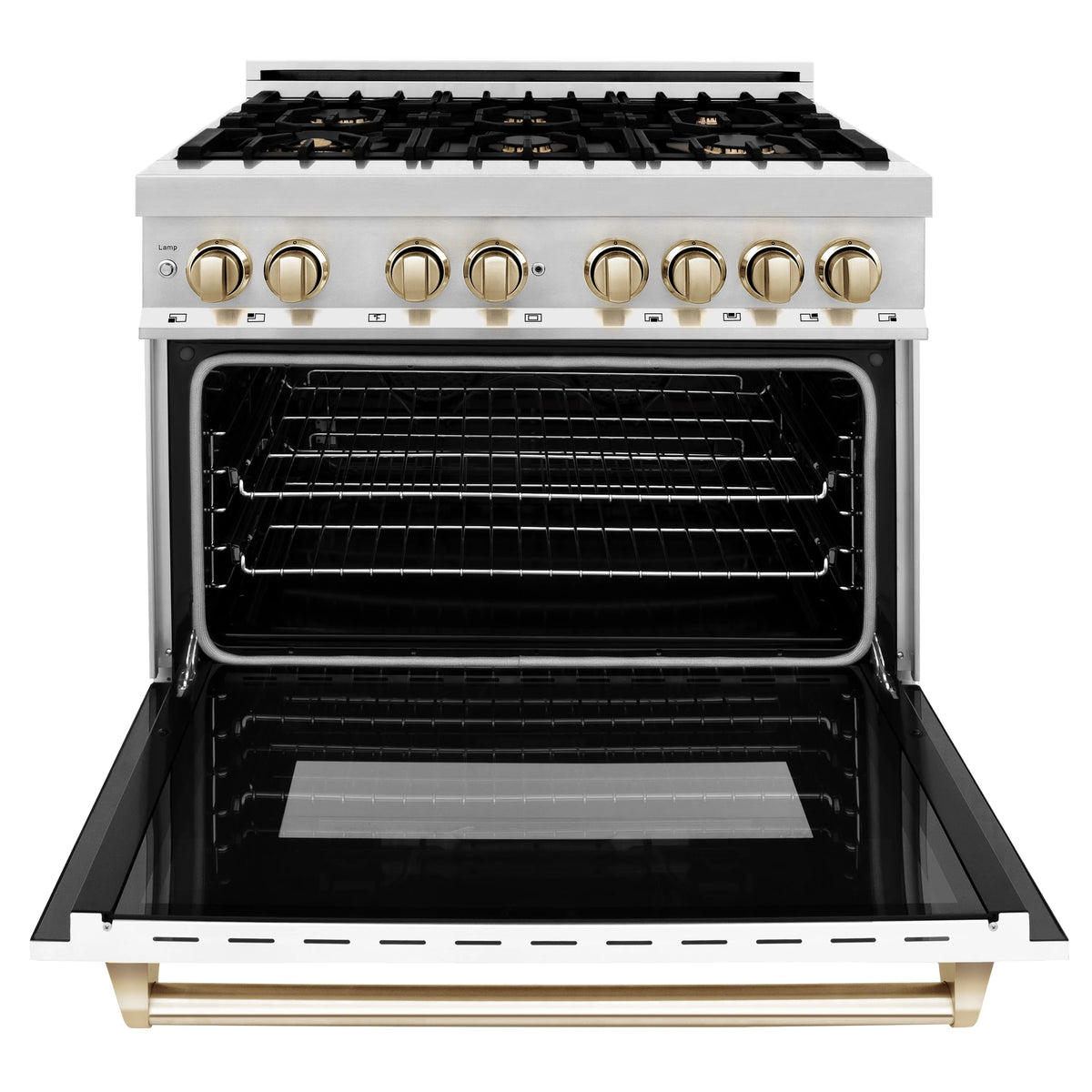 Dual fuel range oven with racks, black interior and gold-trim open door
