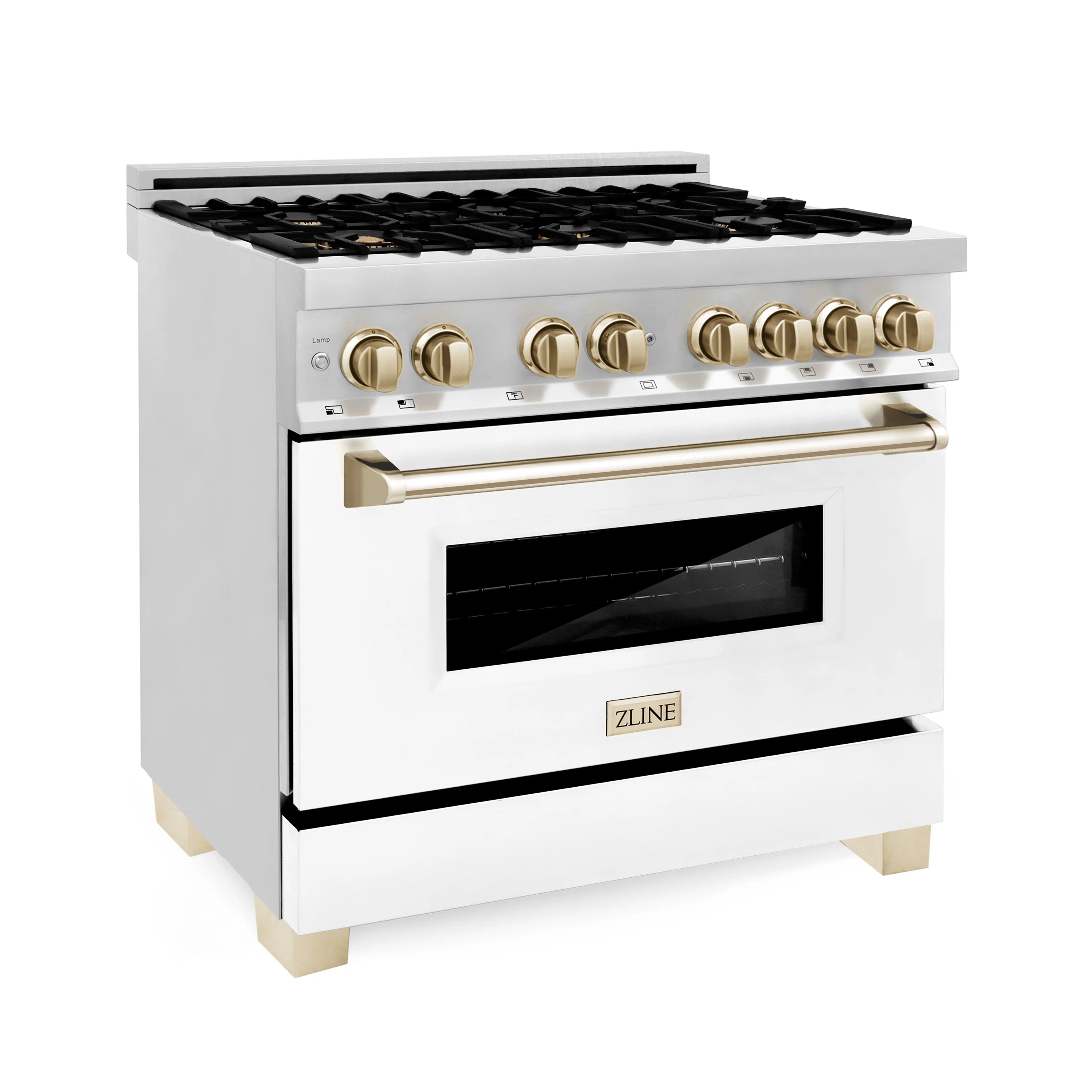 Dual fuel range with wall hood in white, black cooktop grates, gold-trim knobs