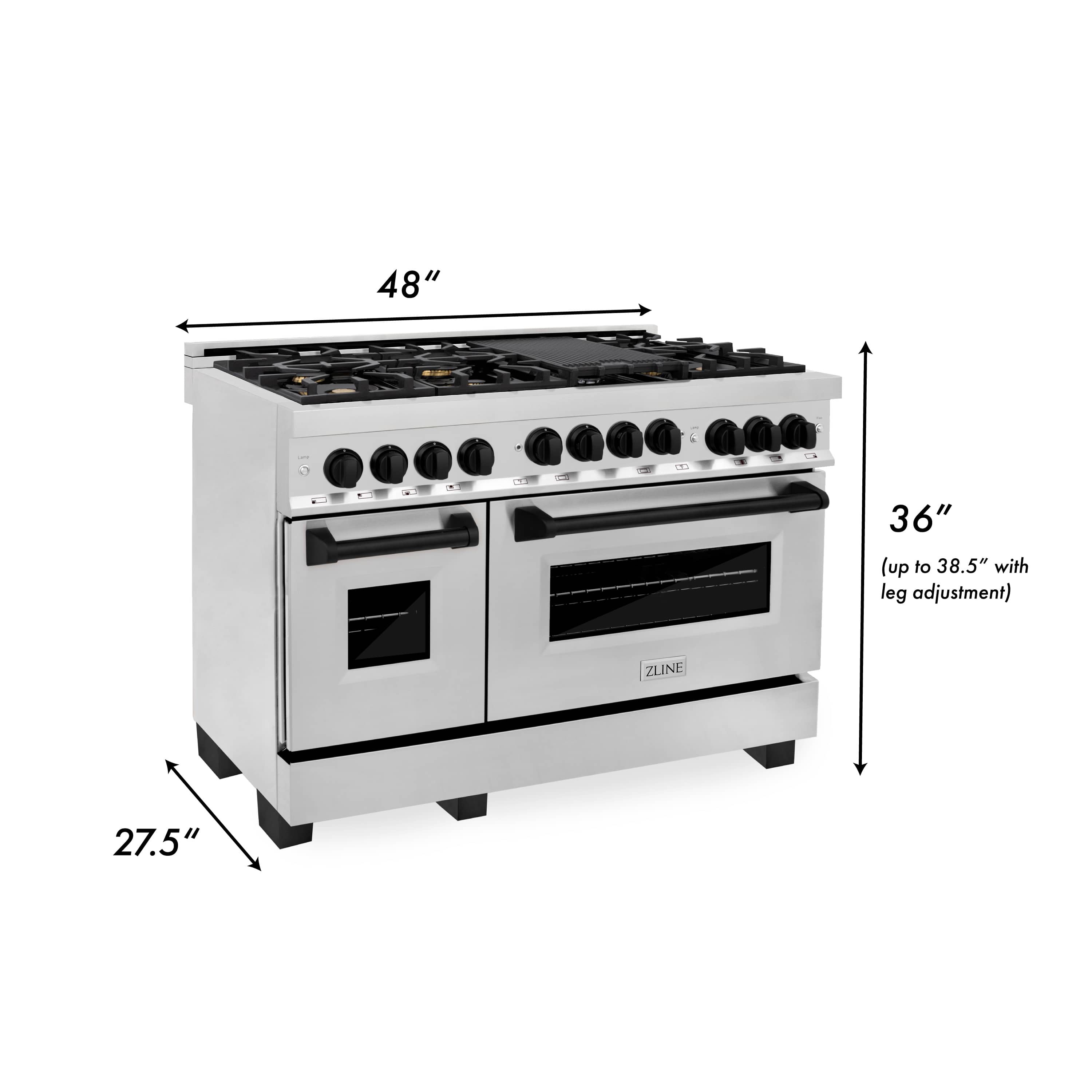 48-inch stainless steel gas range with black knobs and glass oven doors