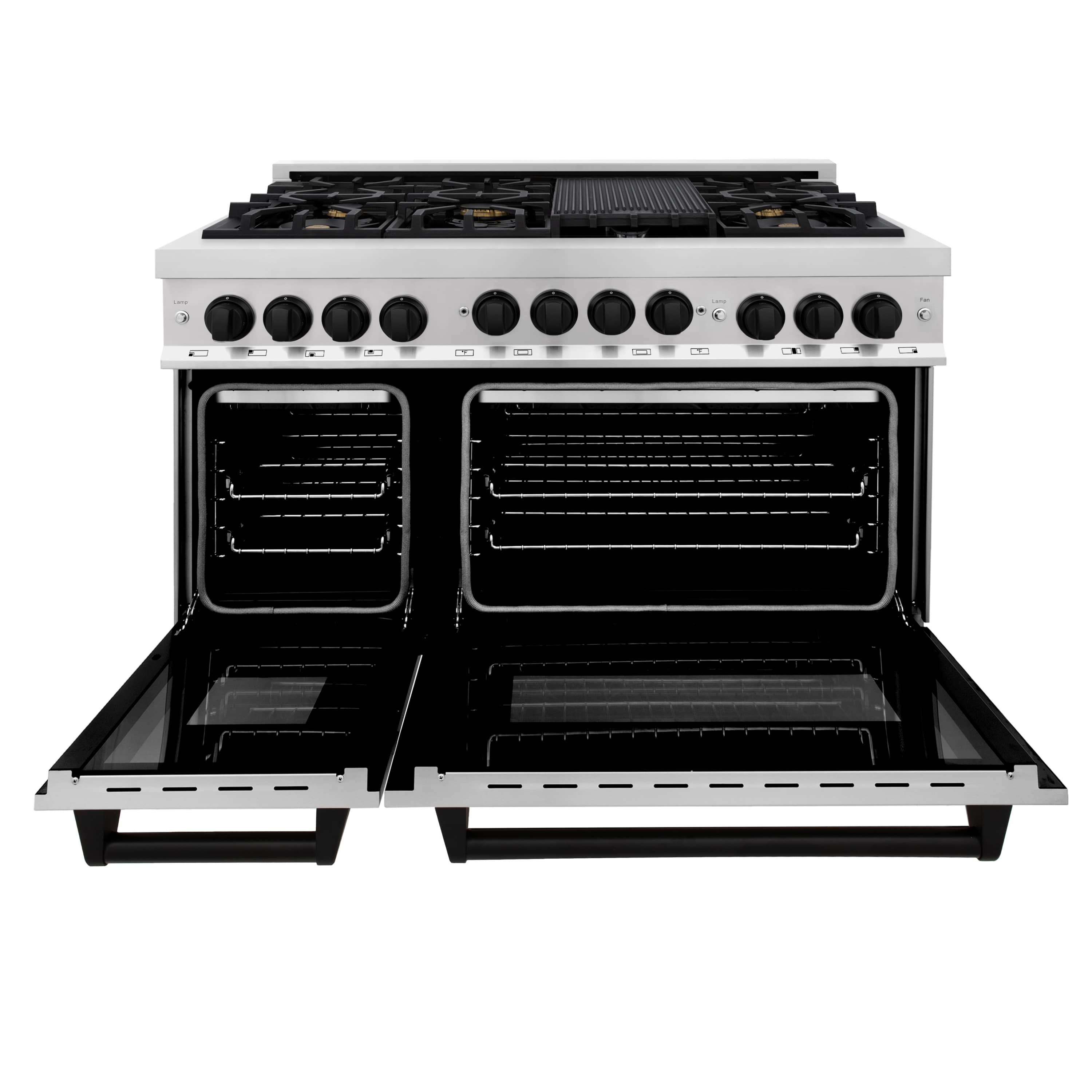 Stainless steel gas range with two ovens and open grates, black control knobs