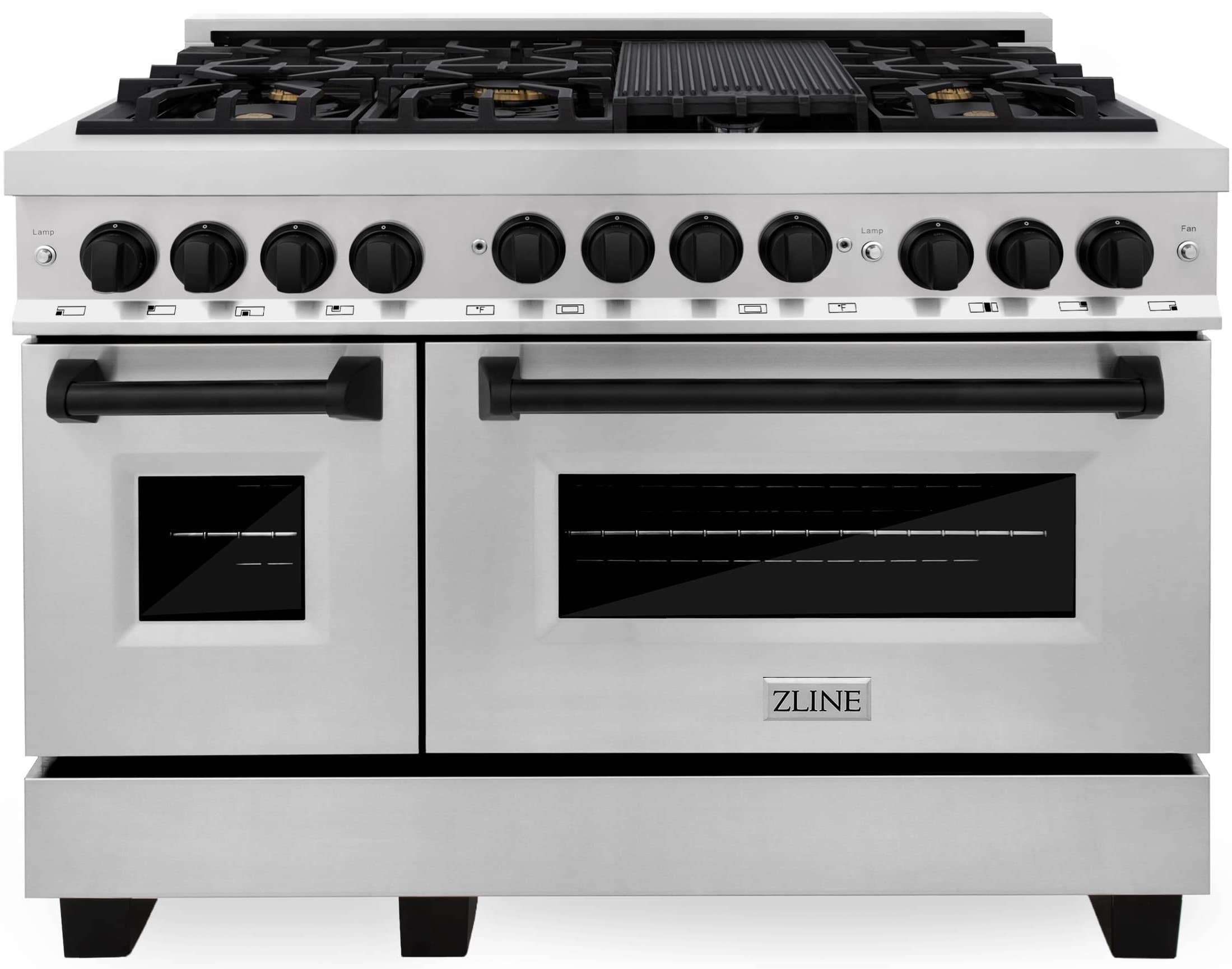 Stainless steel gas range with two oven doors, black oven windows, front control knobs