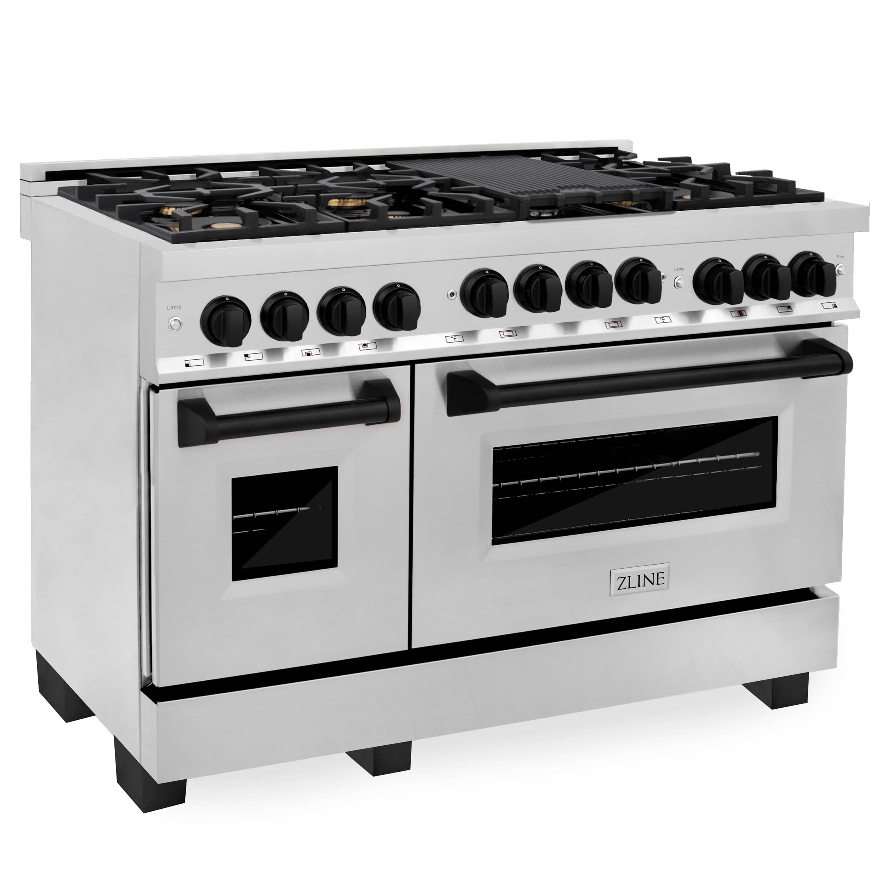 Stainless steel gas range with open door, black oven window, and top burner grates