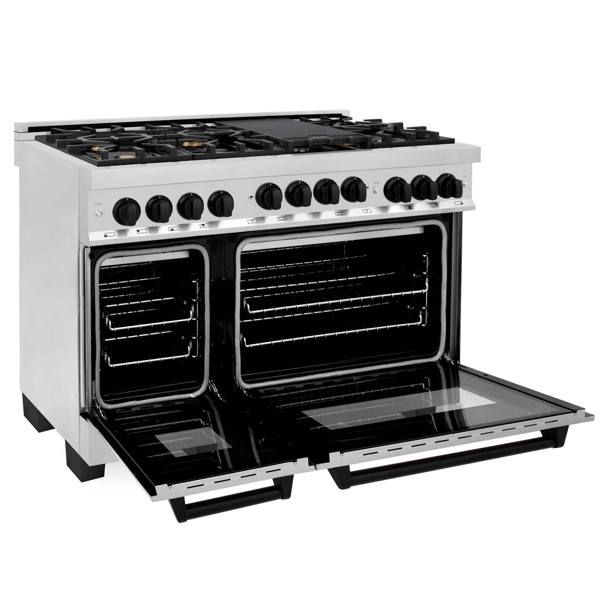 White gas range with two oven doors open and black interior racks