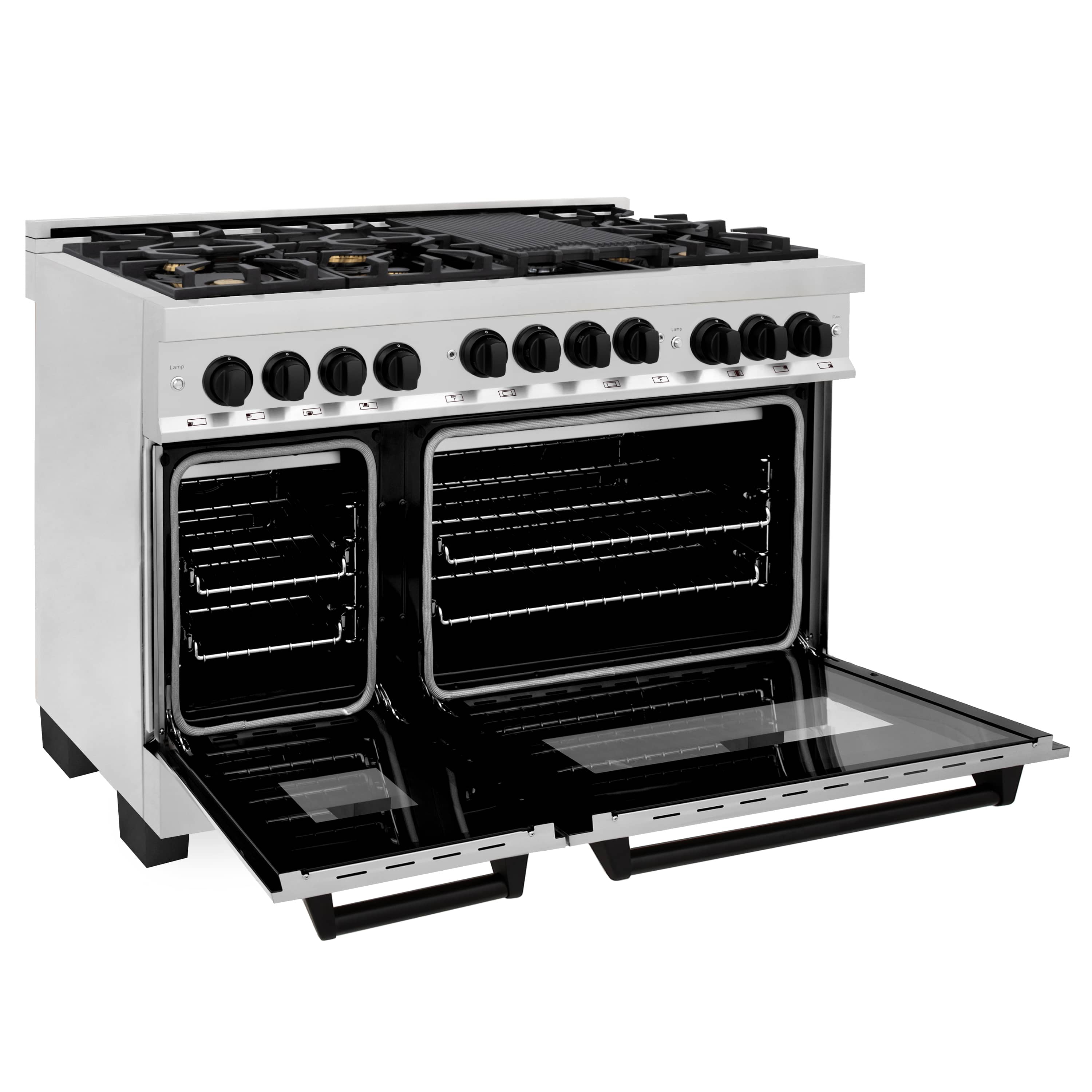 Stainless steel gas range with oven door open and black interior racks