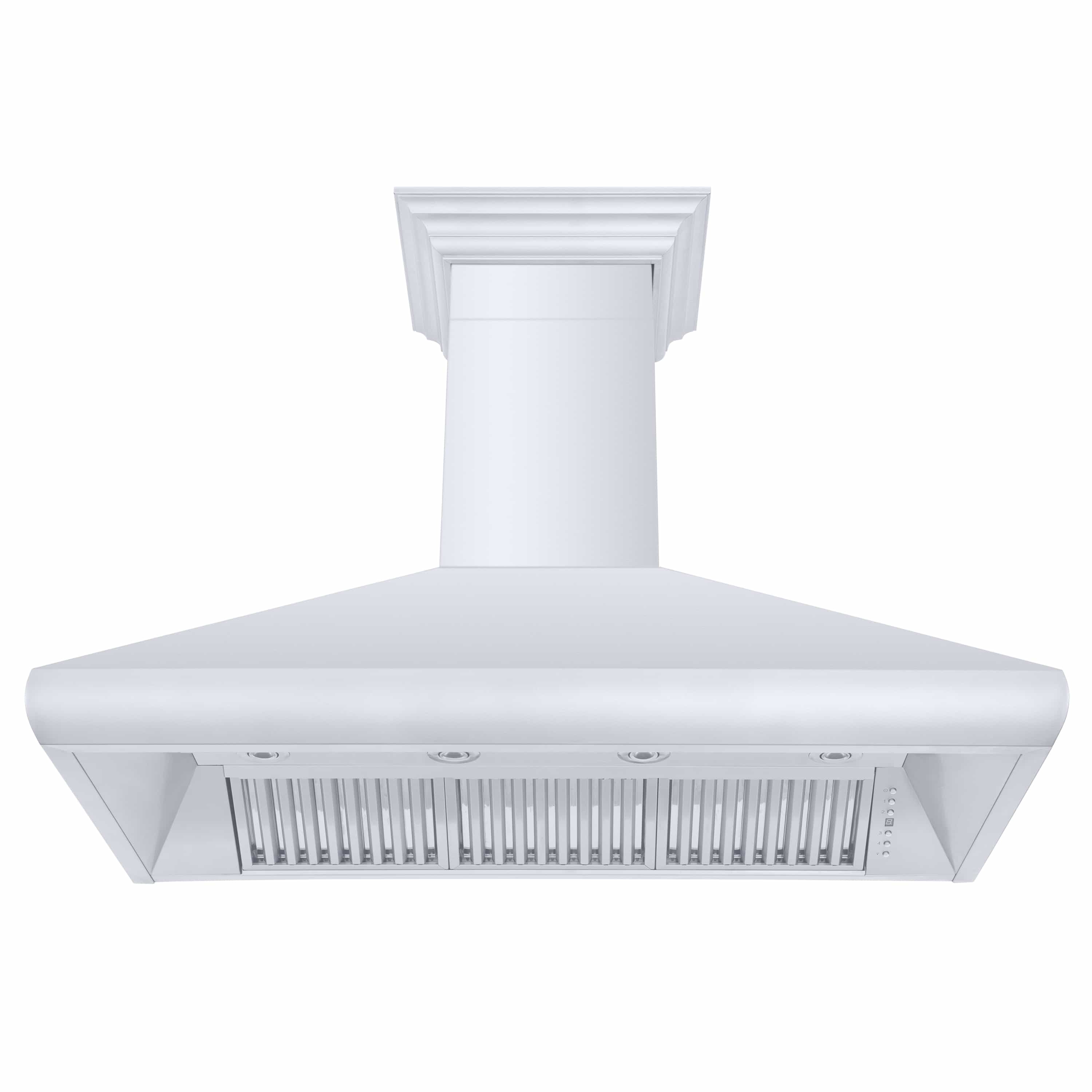 Light-colored range hood with front baffle grille and chimney column beneath the canopy