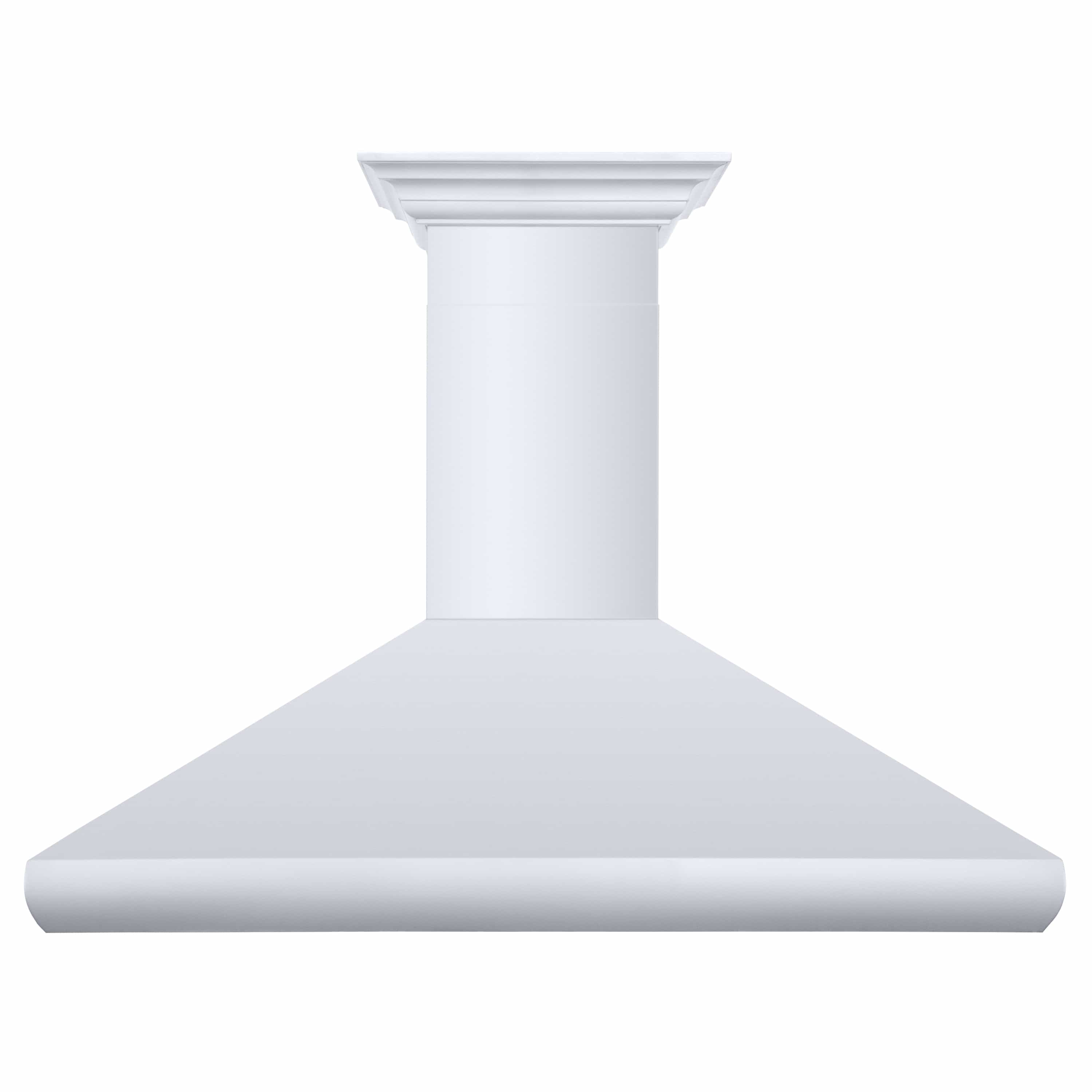 Light-colored wall-mount range hood canopy with chimney column and smooth front edge