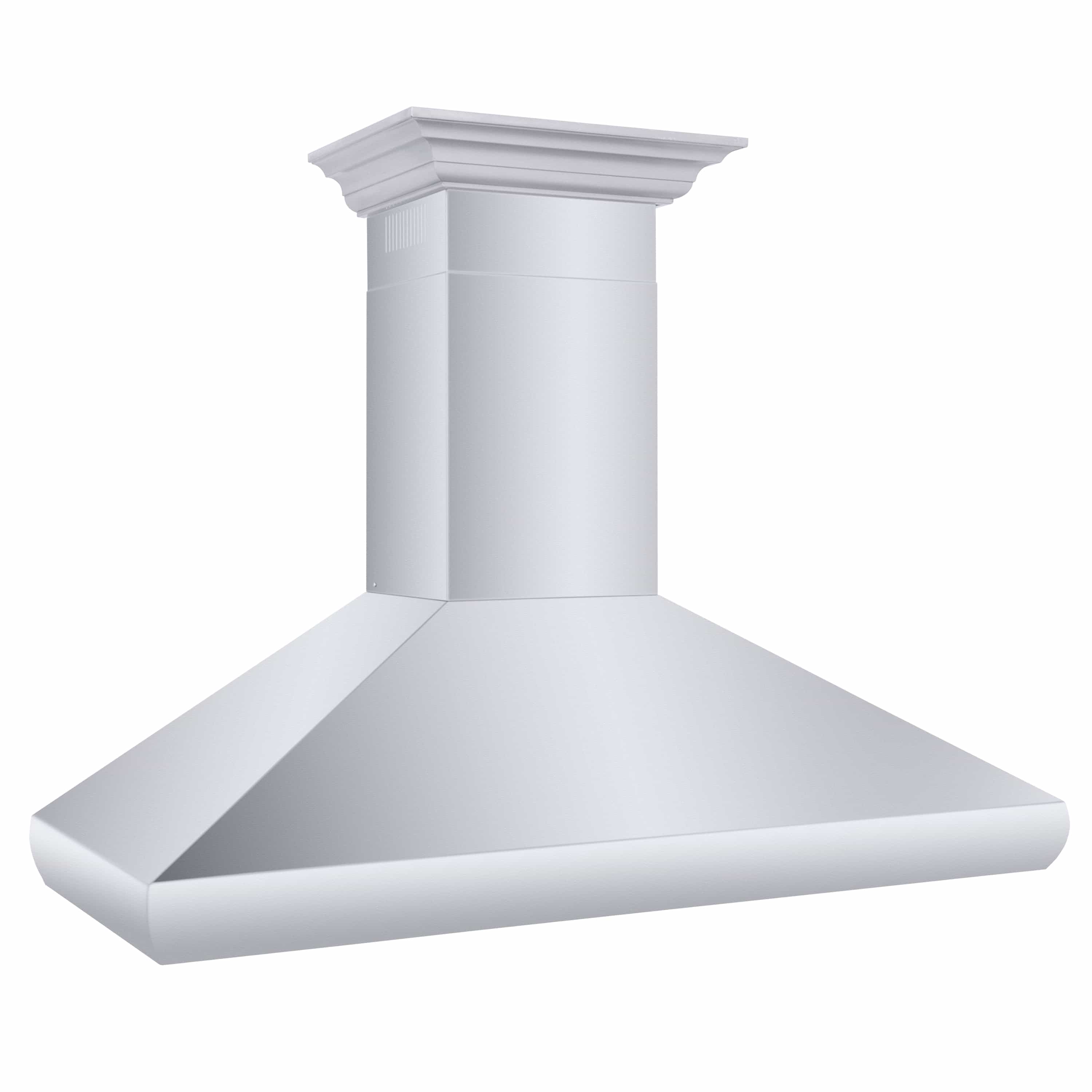 Light-colored wall-mount range hood with smooth canopy and vertical chimney column