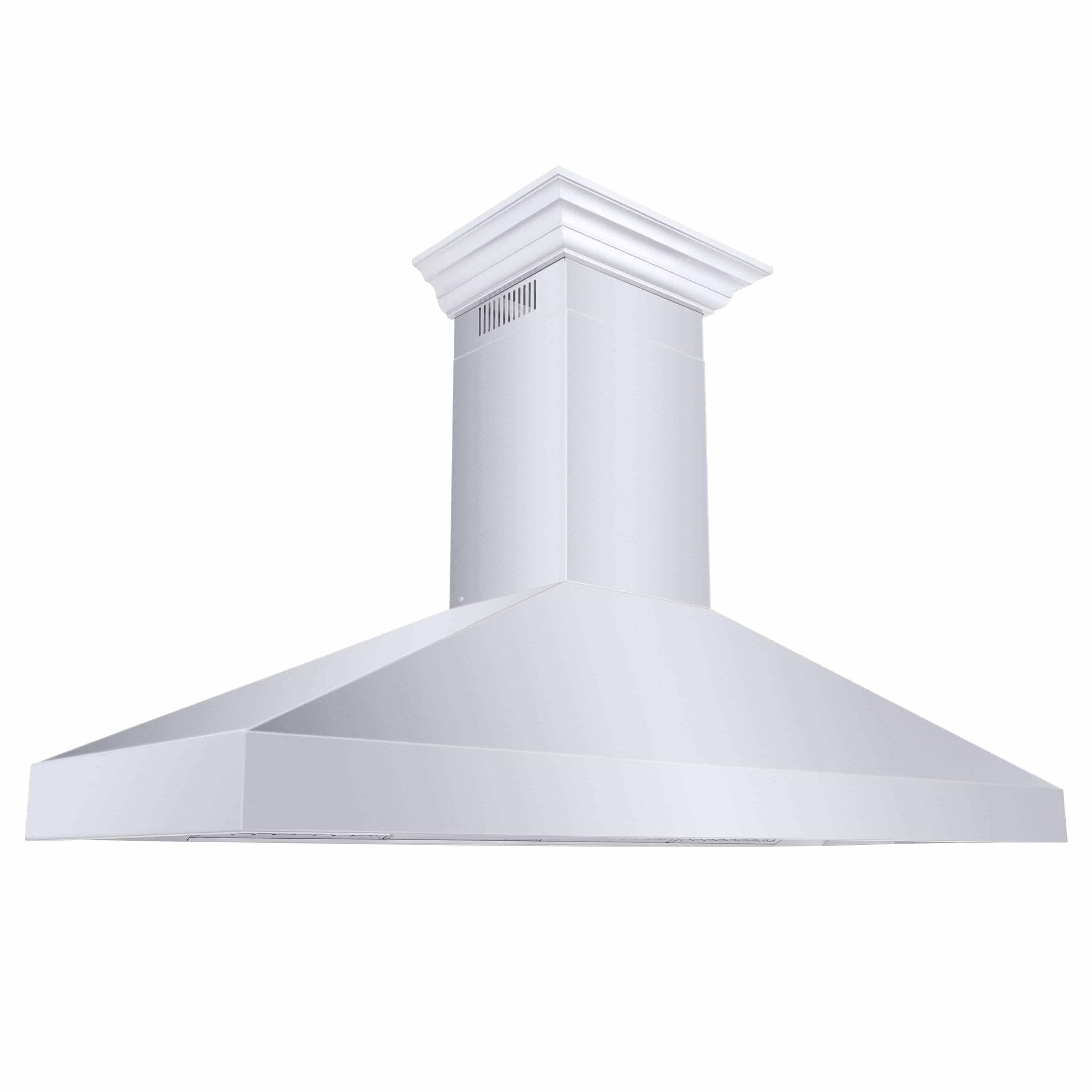 Stainless steel wall mount range hood with crown molding chimney and wide canopy