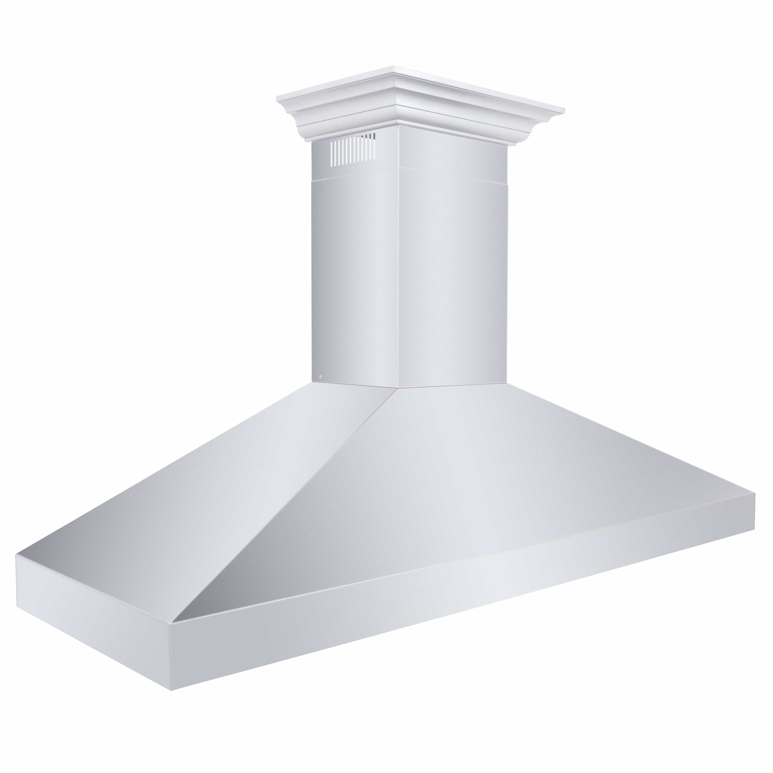 Stainless steel wall mount range hood with chimney column, crown top, and wide angled canopy