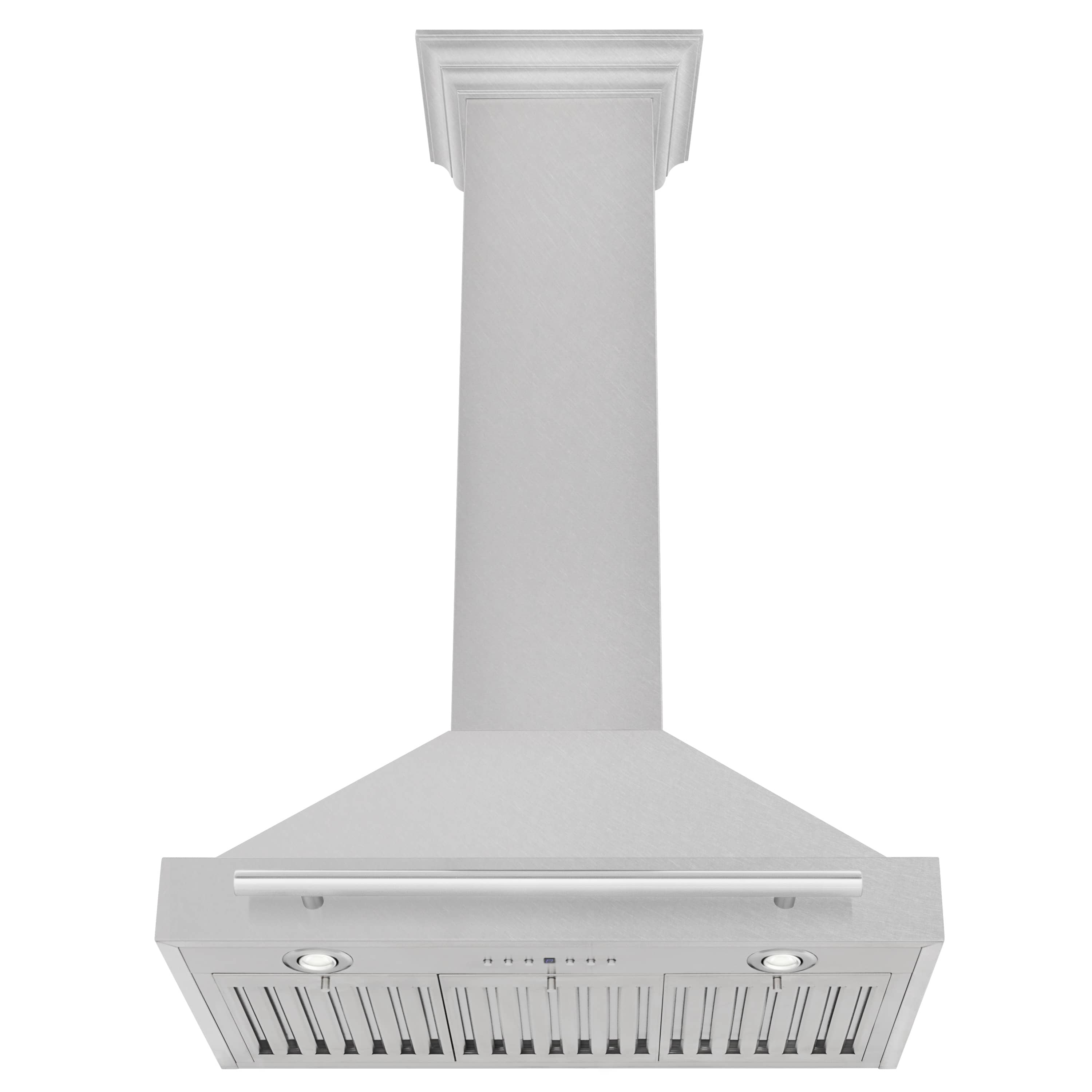 Wall-mounted satin stainless range hood underside with vent slots and handle bar