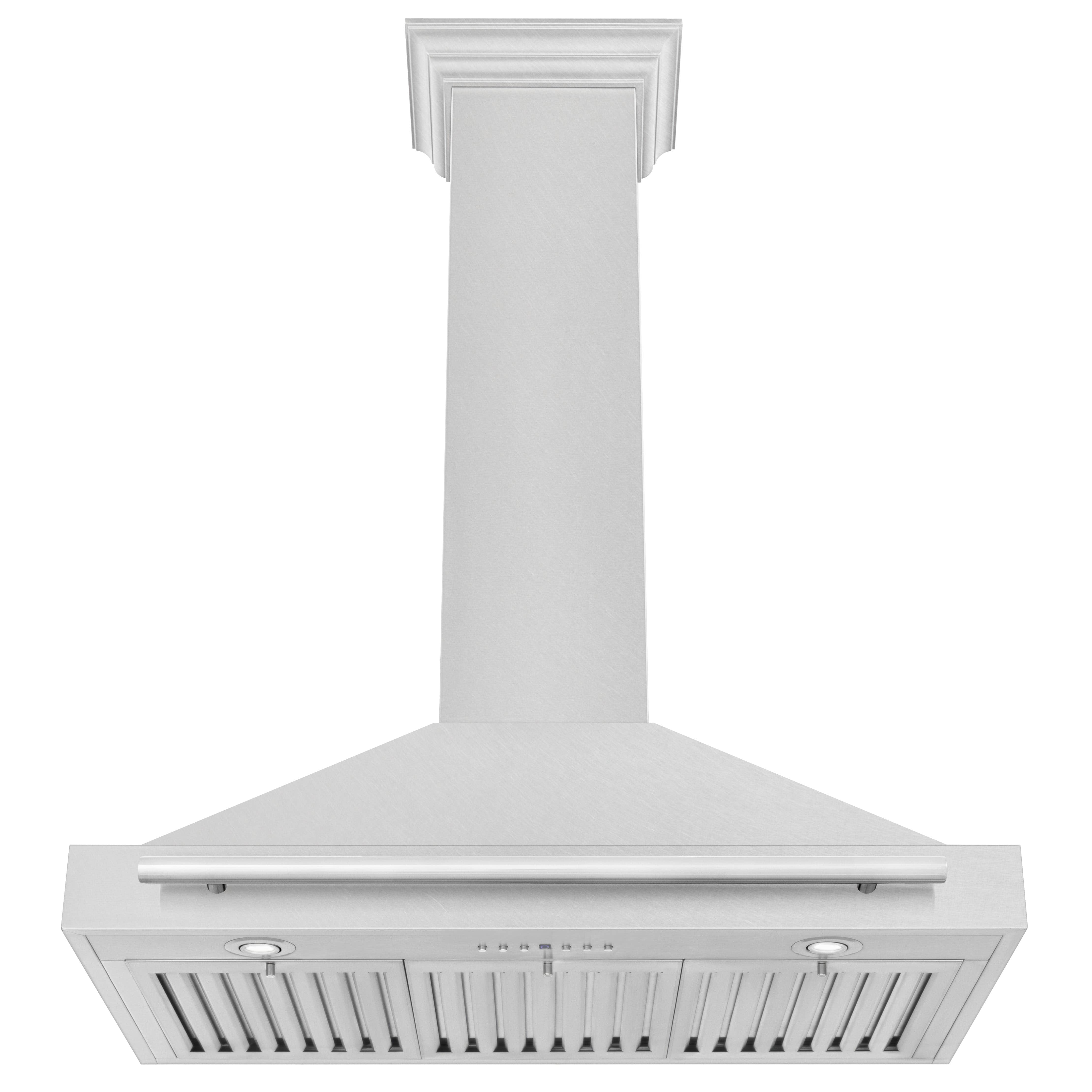 Wall-mounted satin stainless steel range hood with vent slots and front control panel.