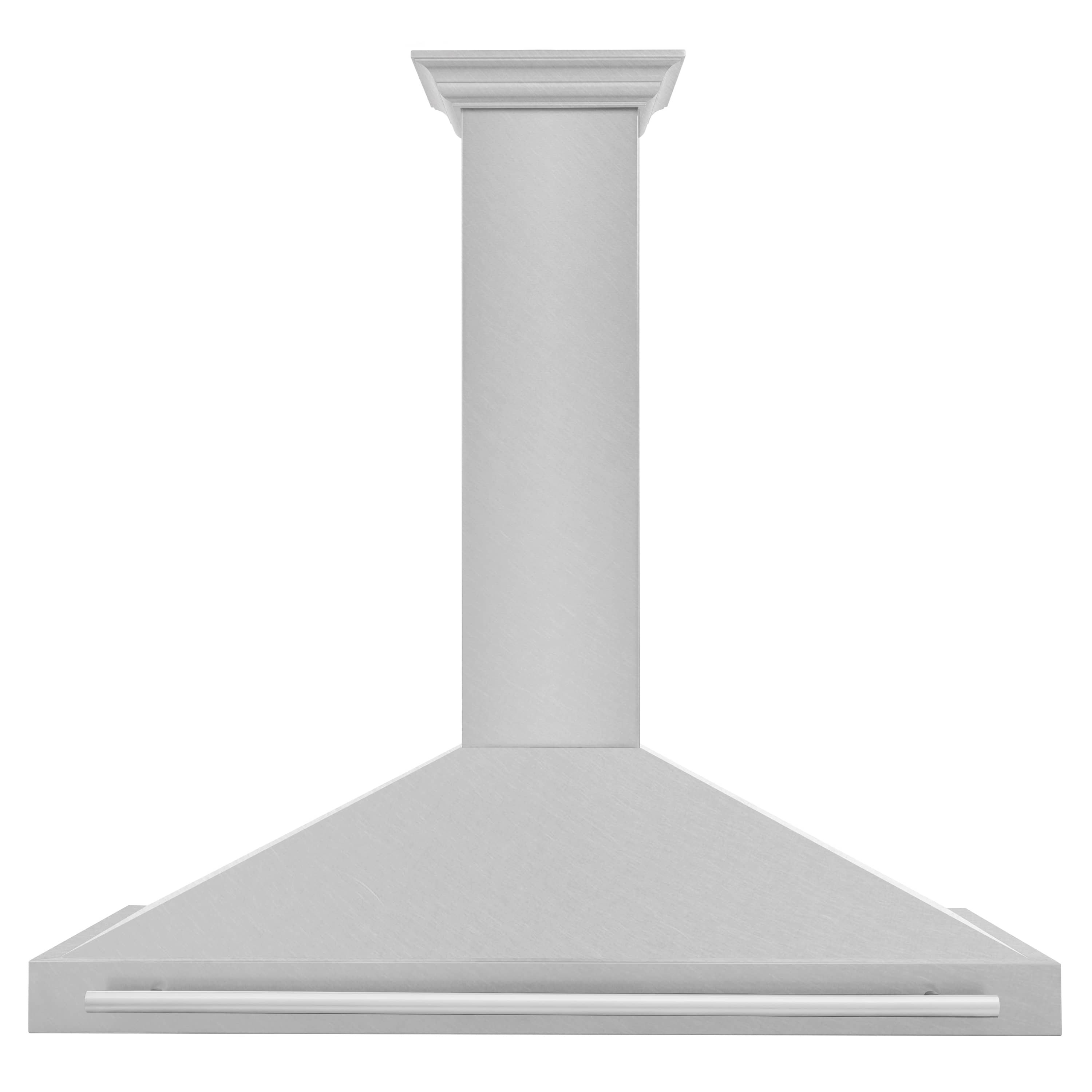 Satin stainless steel wall-mounted range hood with tall chimney and flat canopy front