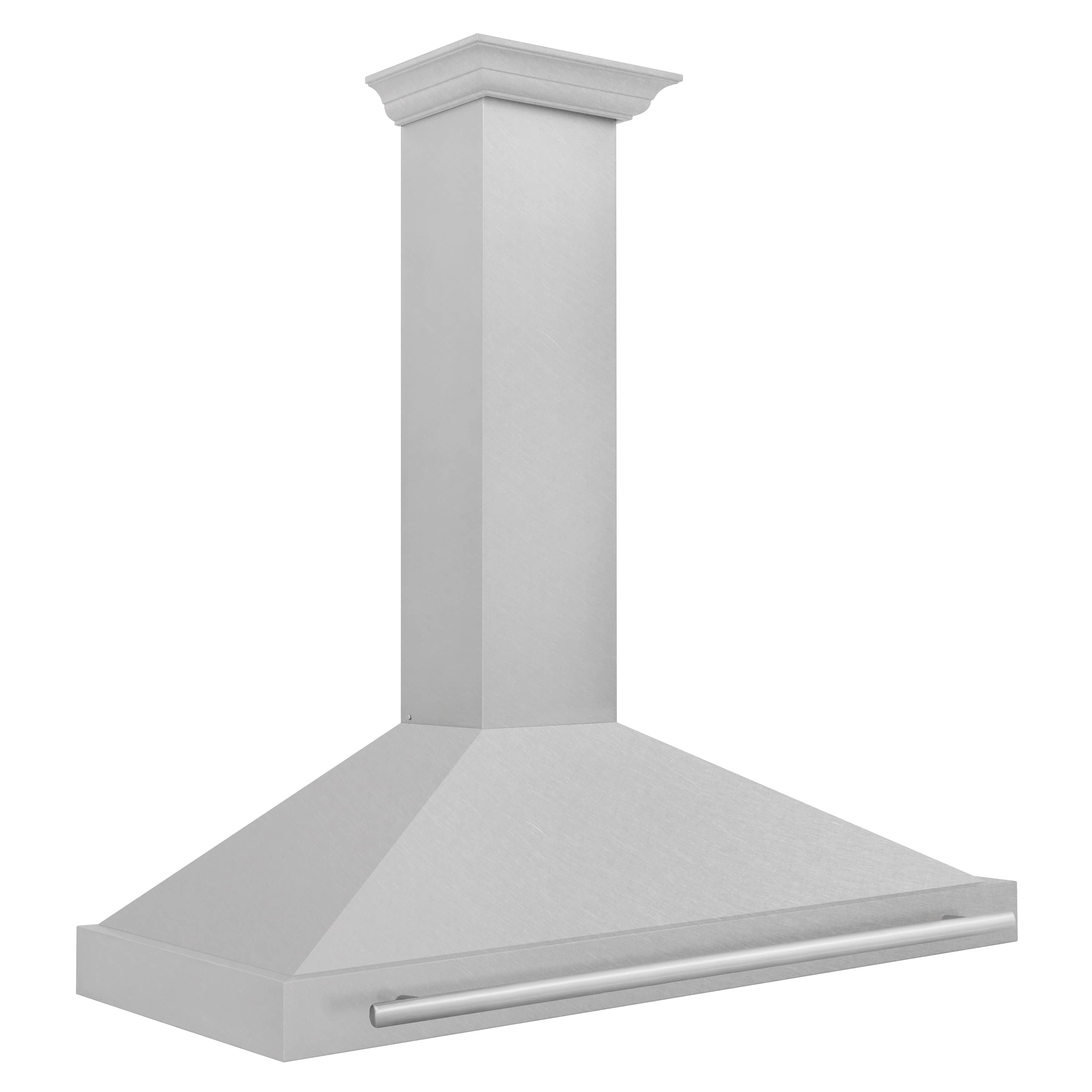 Satin stainless steel wall-mounted range hood with chimney and canopy front edge, handle