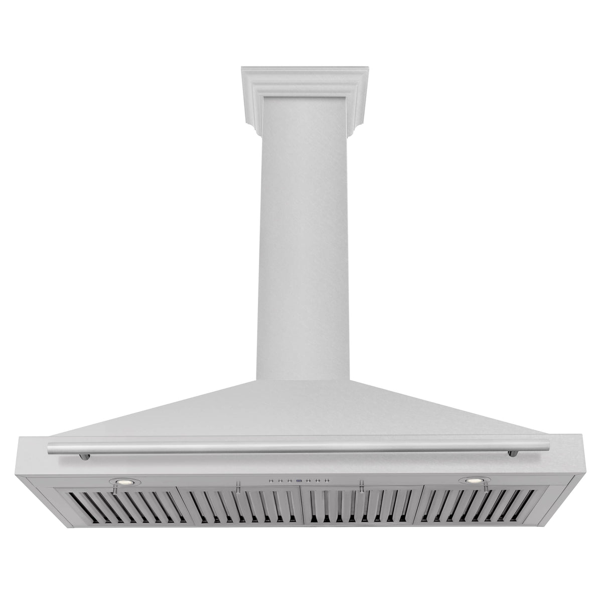 Satin stainless steel range hood underside with vent grille and control panel