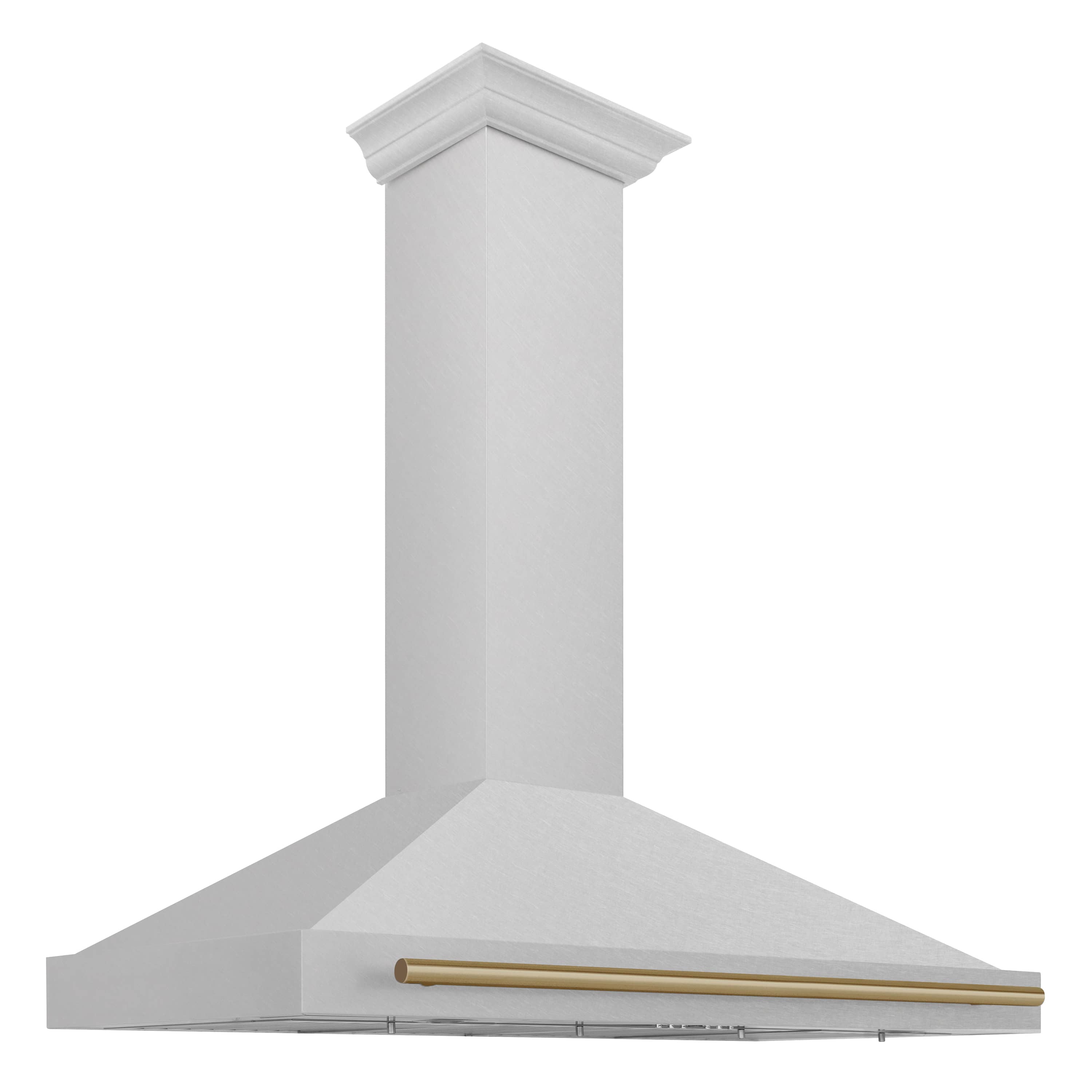 Wall-mounted range hood chimney in satin stainless with champagne bronze trim bar