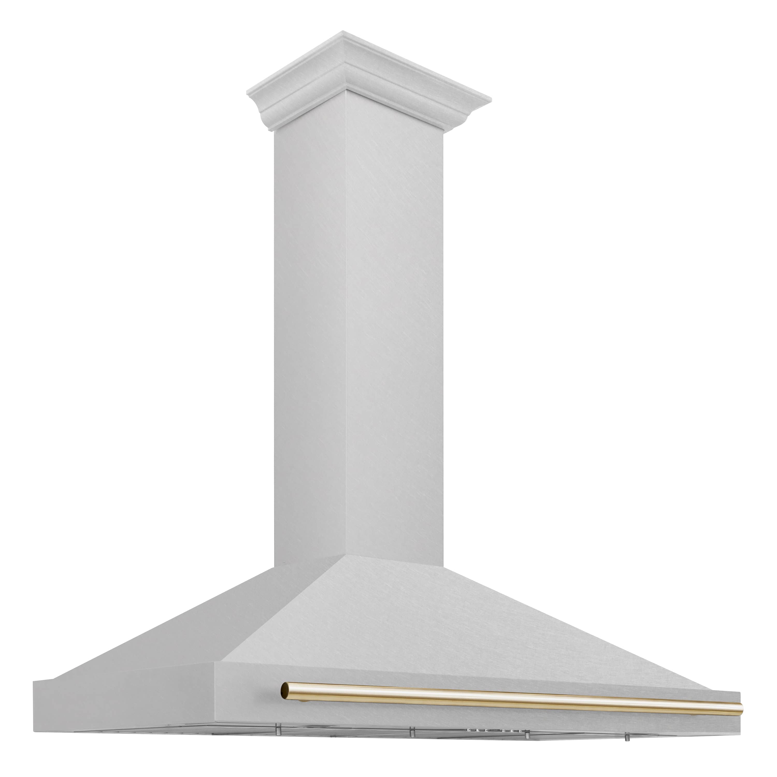 Wall-mounted range hood chimney and angled canopy with satin stainless steel and gold bar