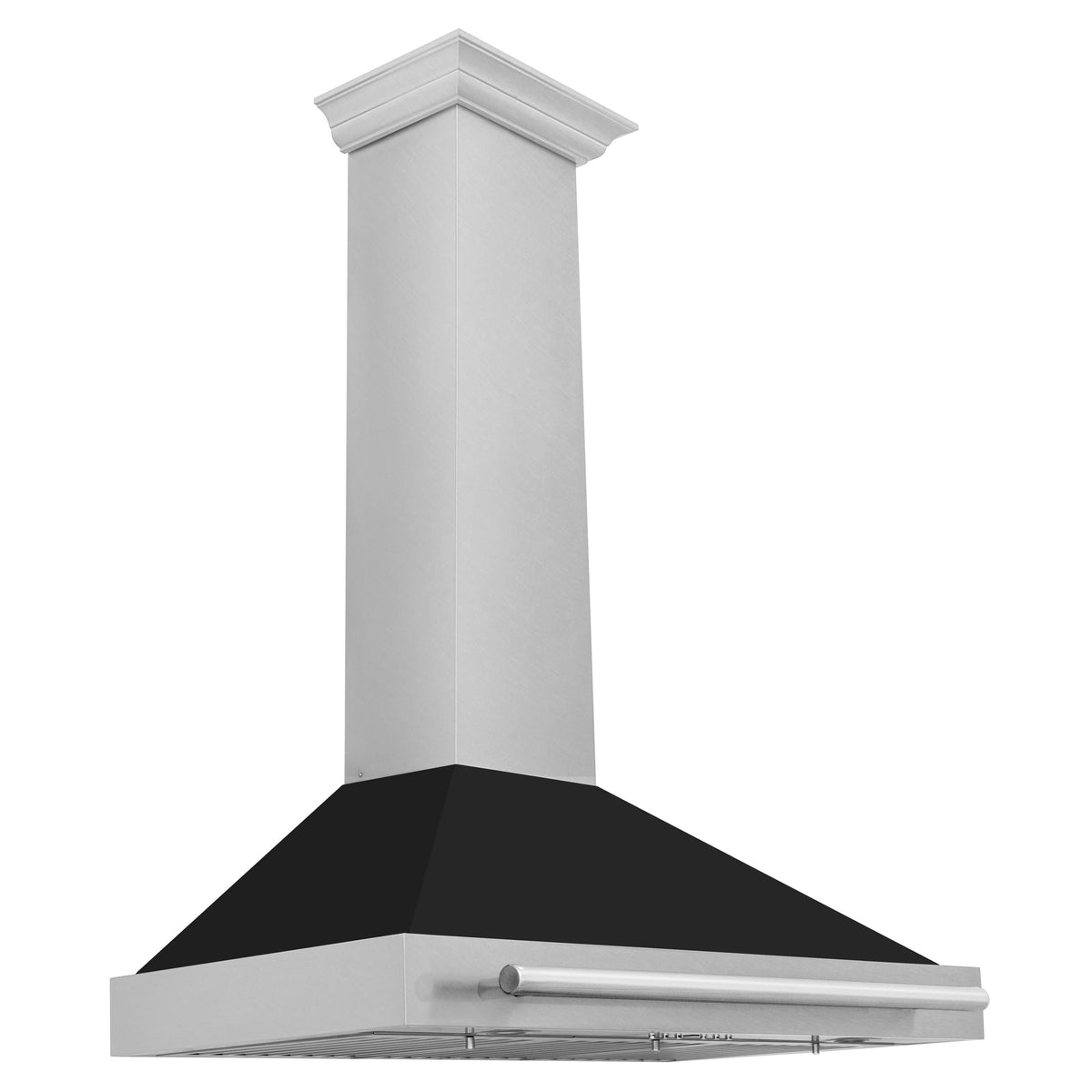 Wall-mounted range hood in satin stainless with black matte underside and front handle bar