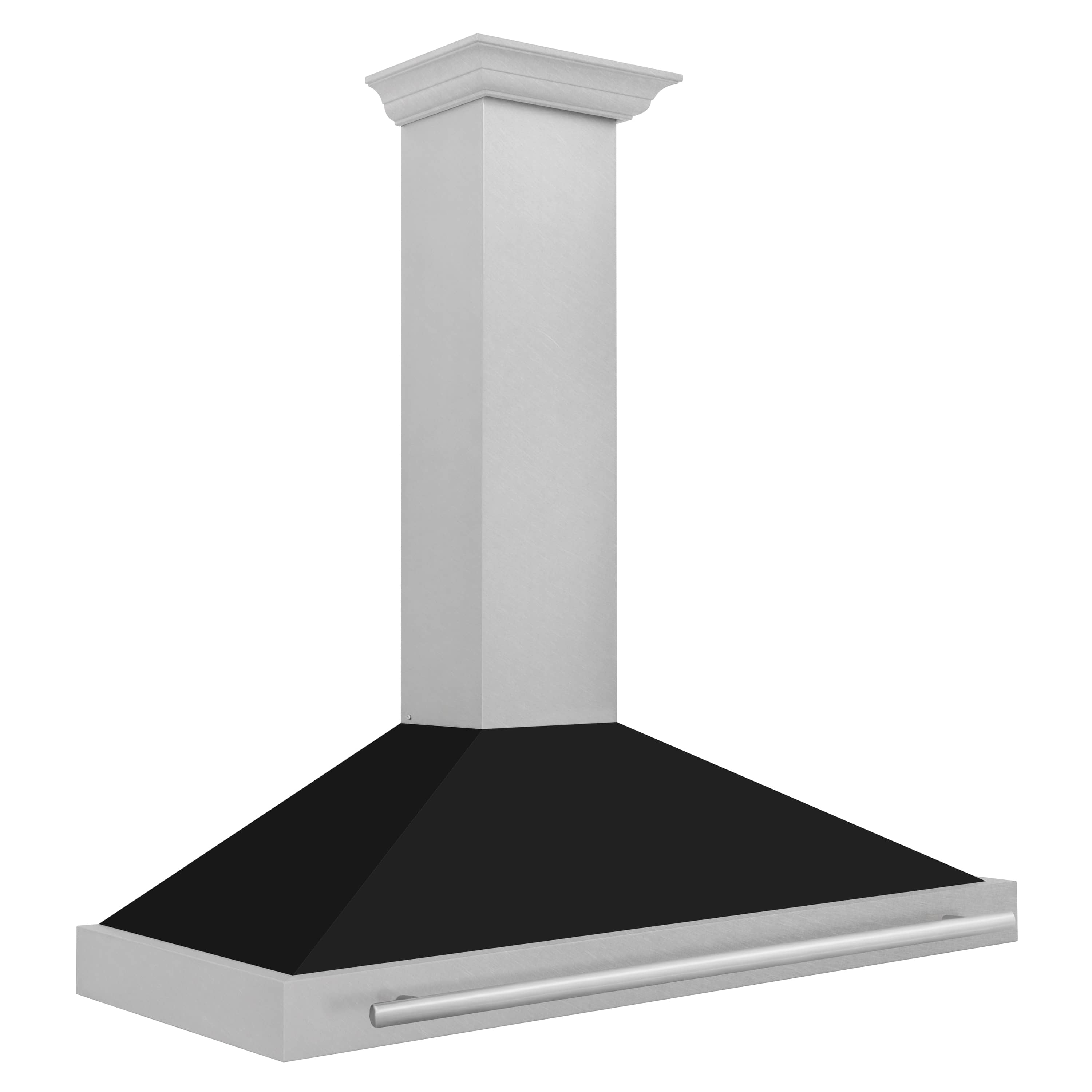 Wall-mounted range hood side profile with satin stainless chimney and black matte canopy
