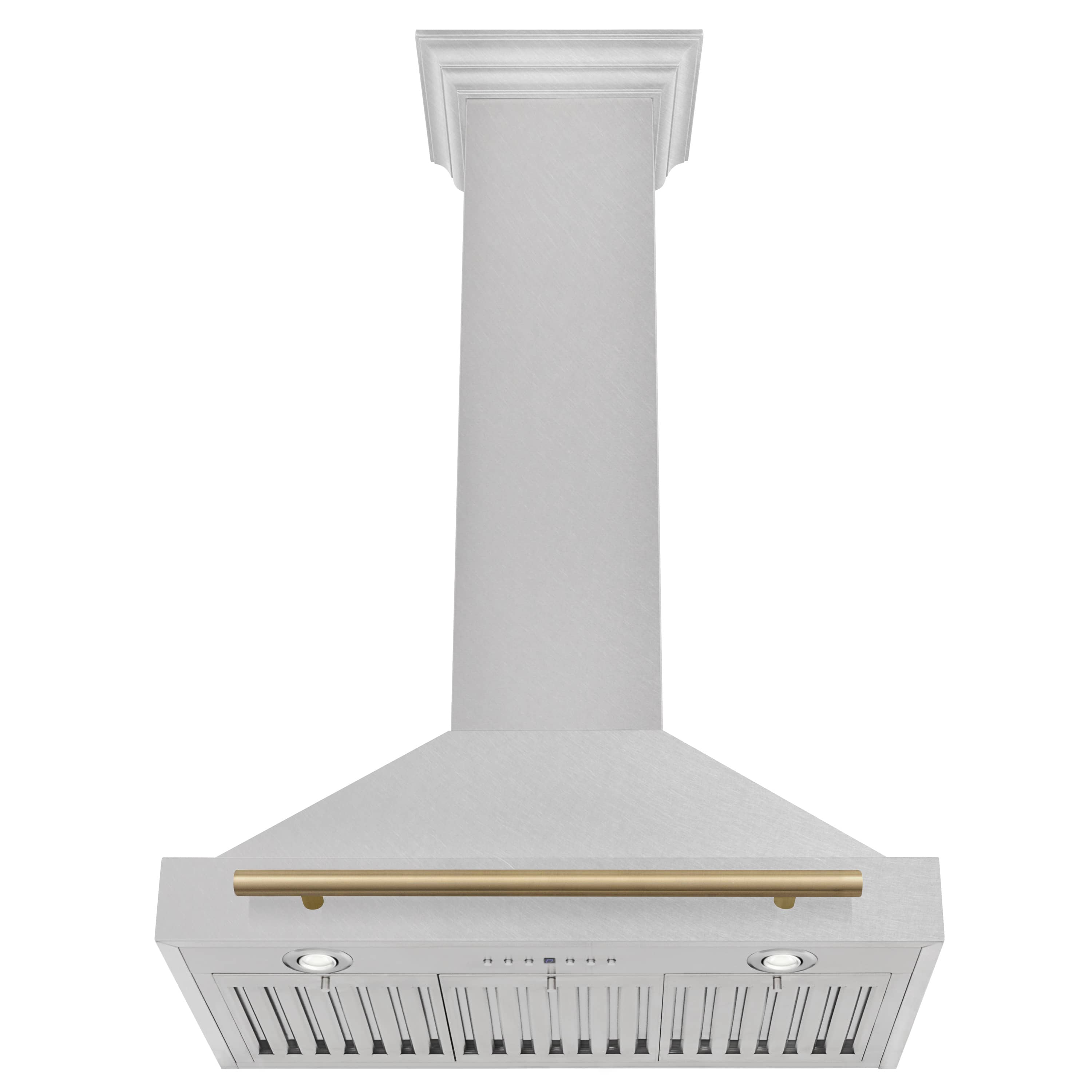Wall-mounted satin stainless steel range hood with vent grille and champagne bronze bar
