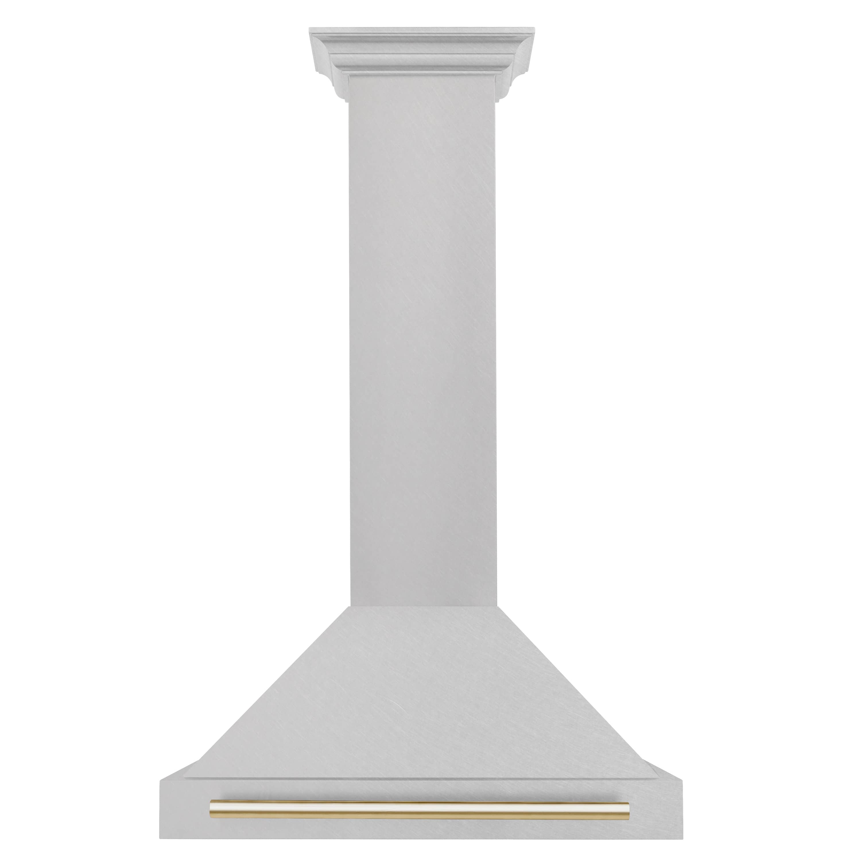 Wall-mounted range hood with satin stainless chimney and gold trim handle bar