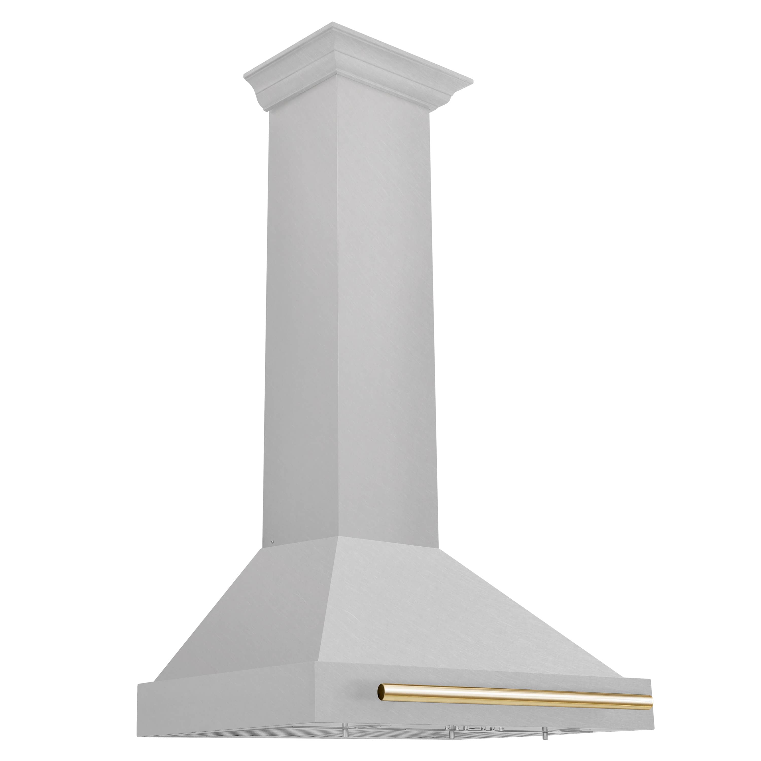 Wall-mounted range hood with satin stainless chimney and gold handle, 30-inch