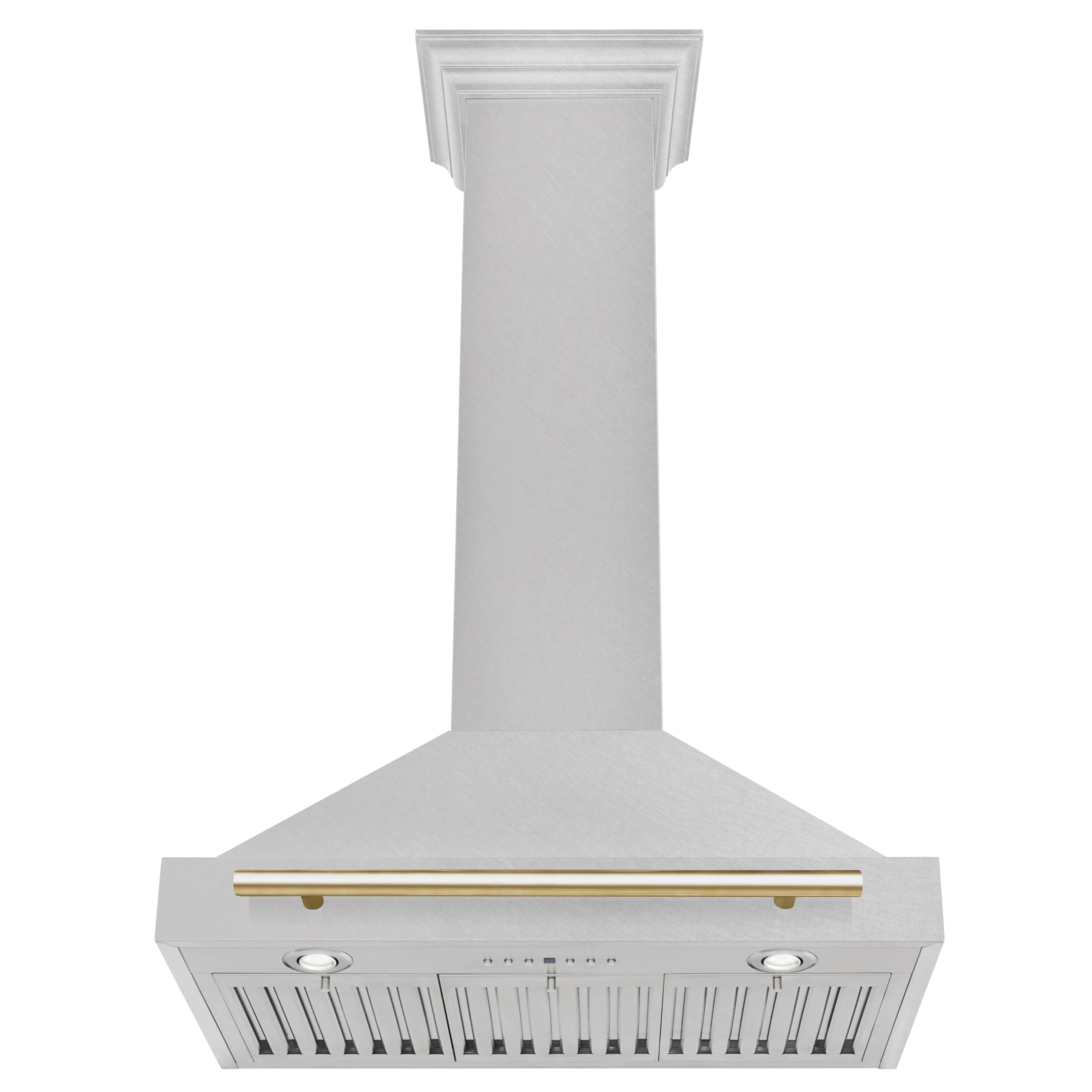 Wall-mounted range hood in satin stainless steel with gold handle and knob controls