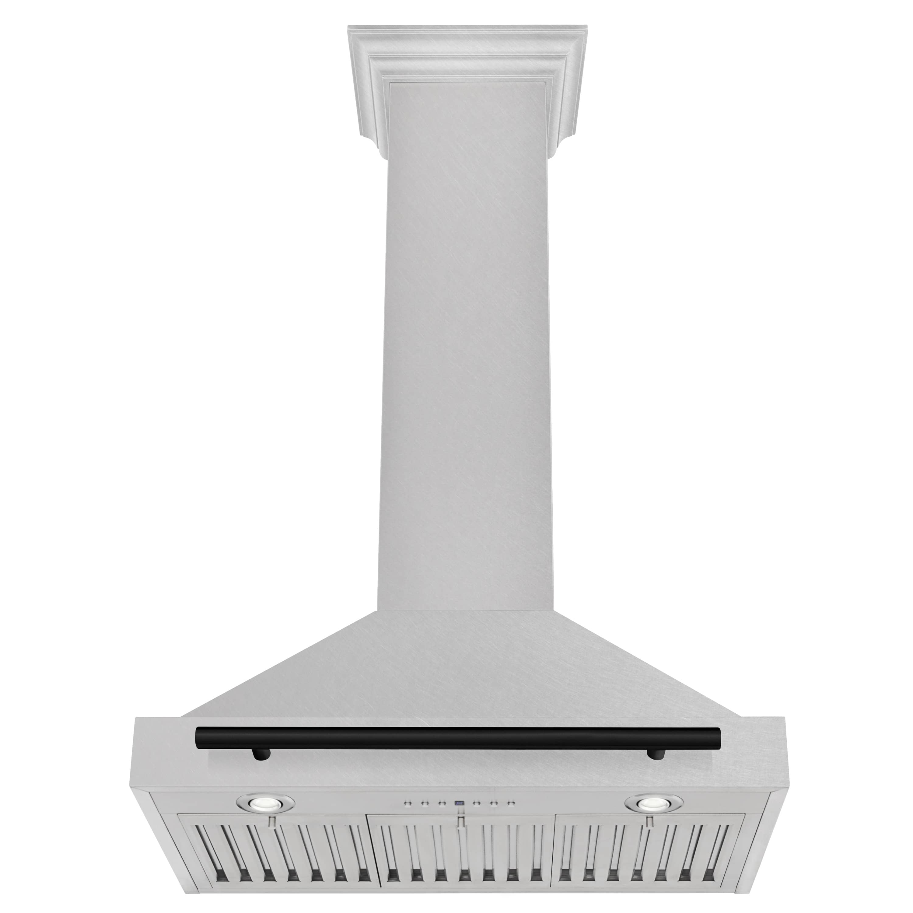 Wall-mounted range hood with satin stainless chimney, matte black bar, vented underside