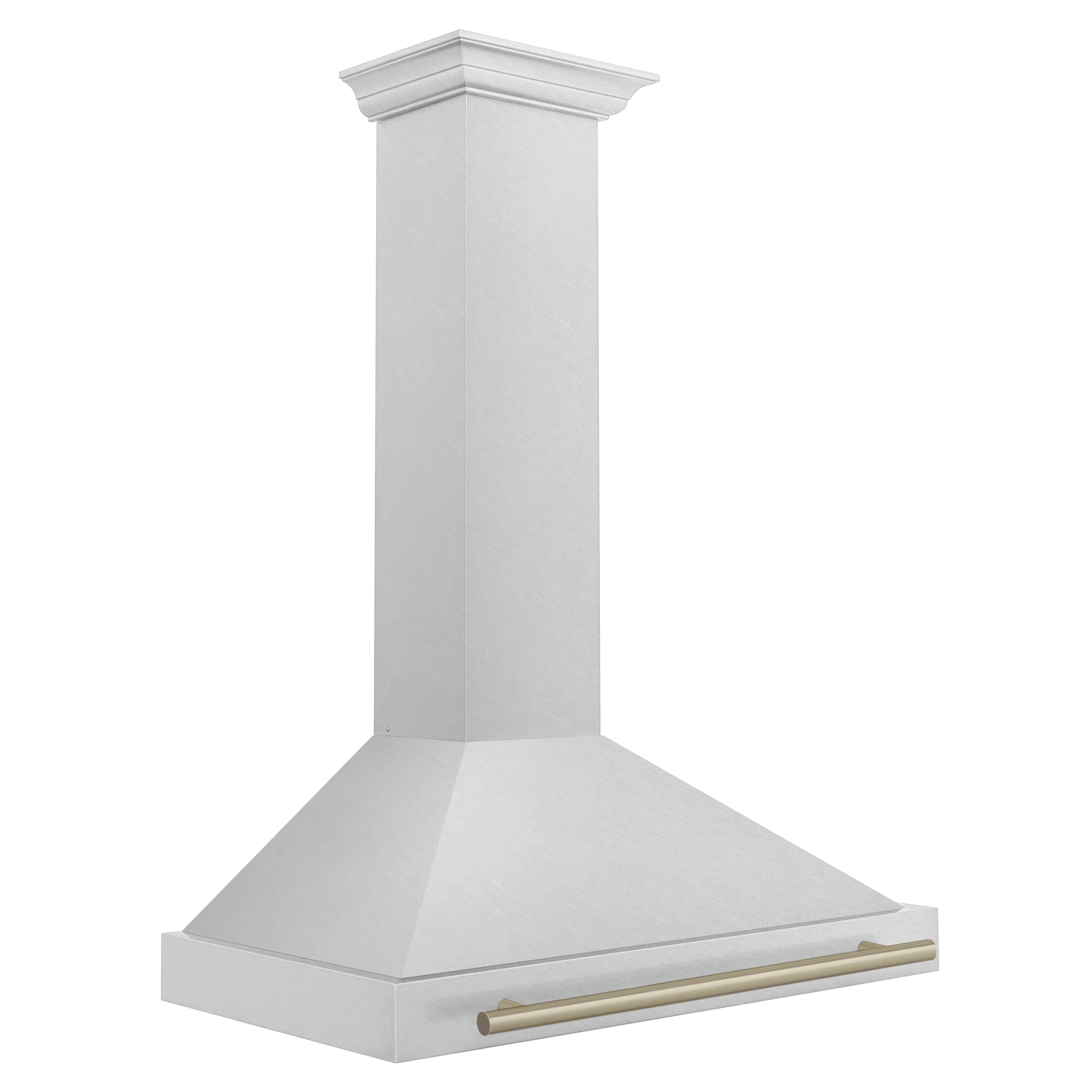 Satin stainless steel chimney range hood with champagne bronze trim bar and flat canopy.
