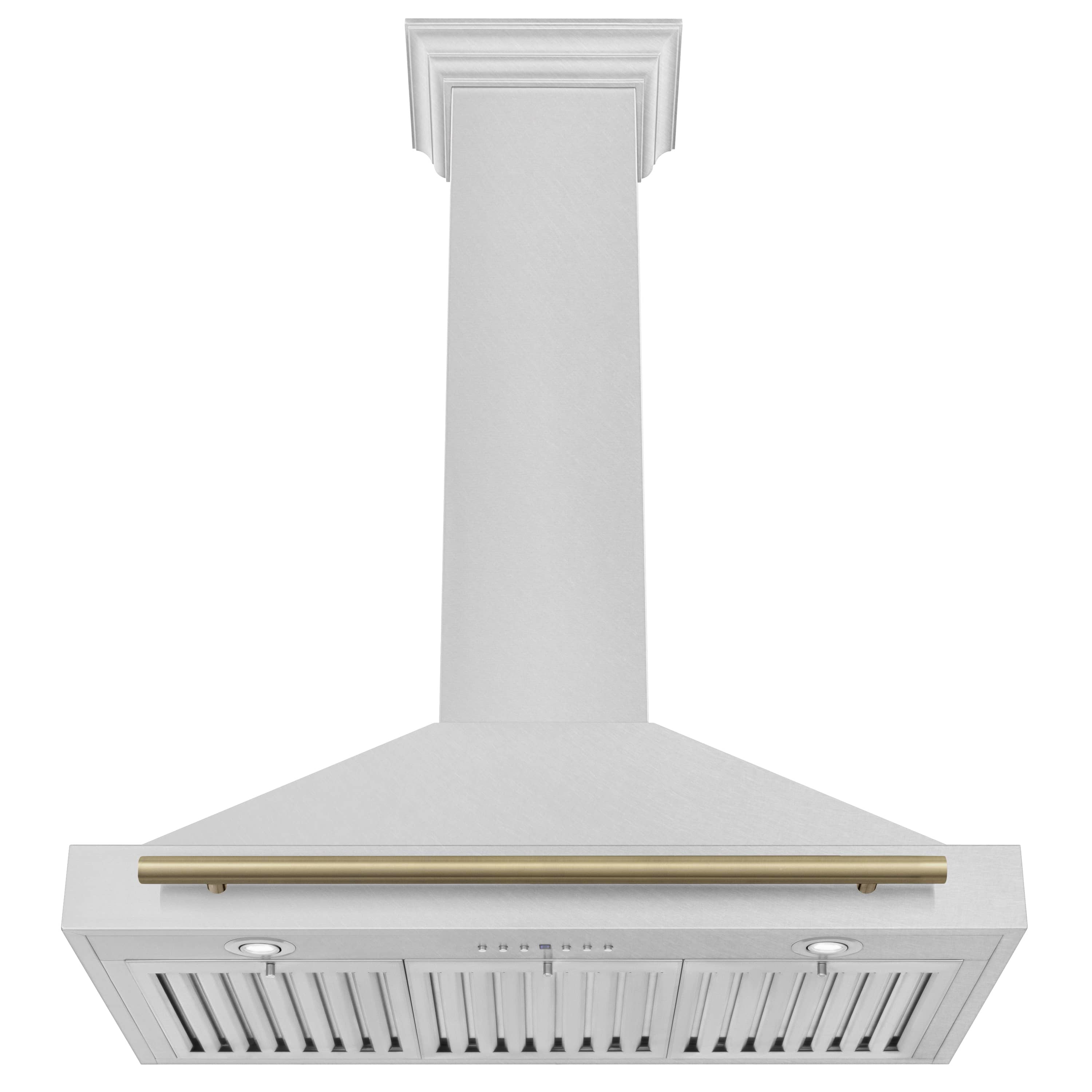 Front-view chimney range hood in satin stainless steel with champagne bronze trim bar and vent grille.