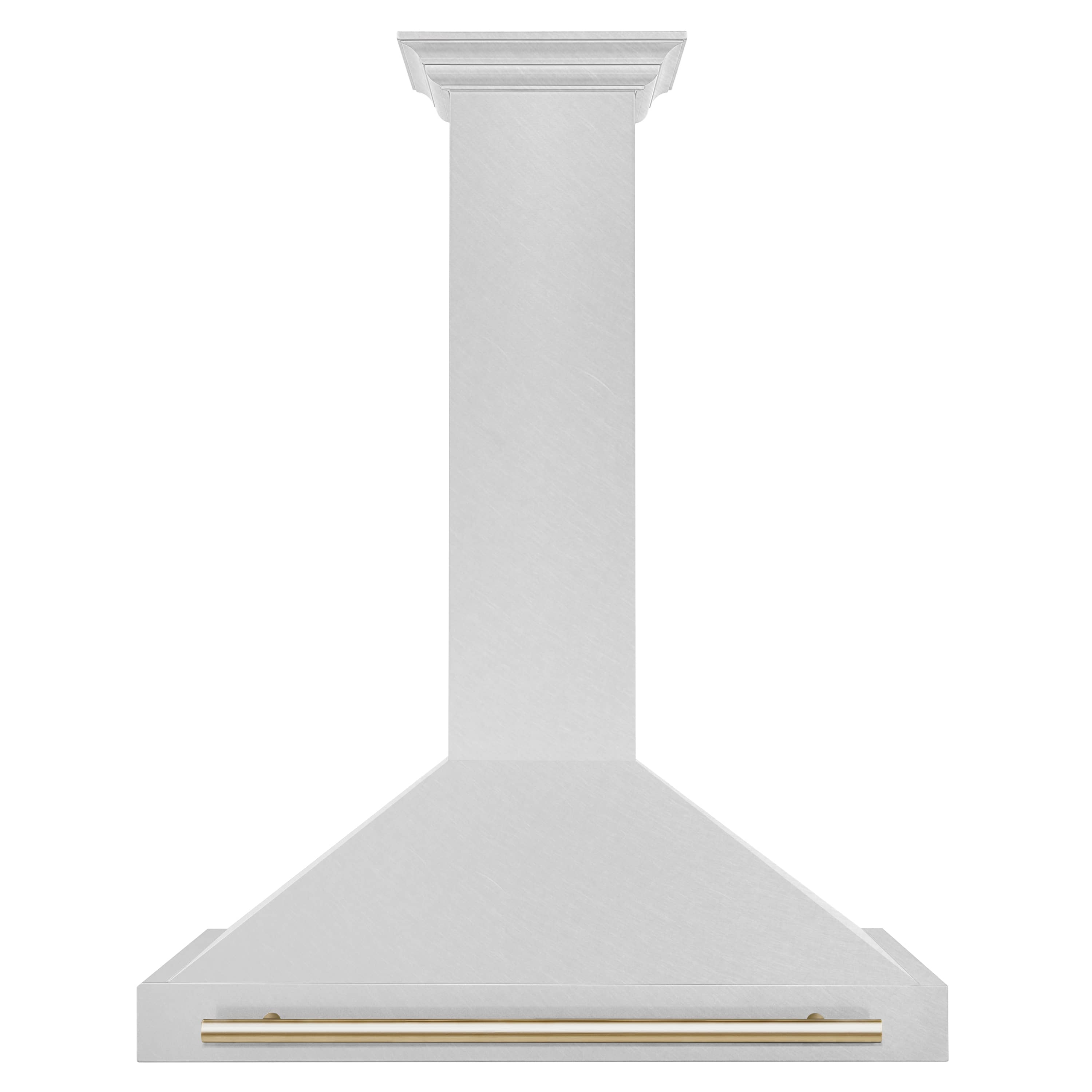 Wall-mounted range hood chimney with gold-trimmed horizontal canopy