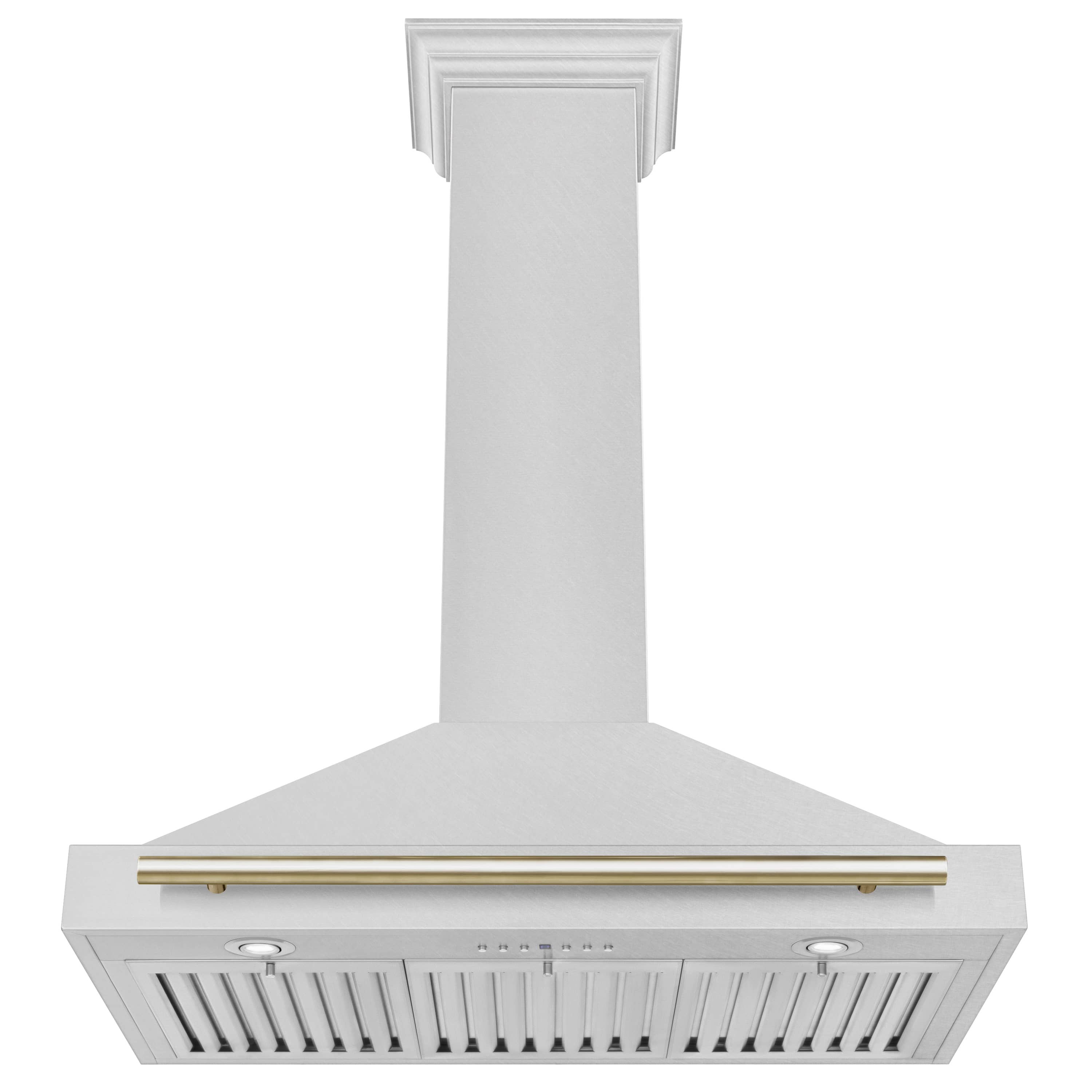 Wall-mounted range hood with vented grille and gold-trimmed satin stainless canopy