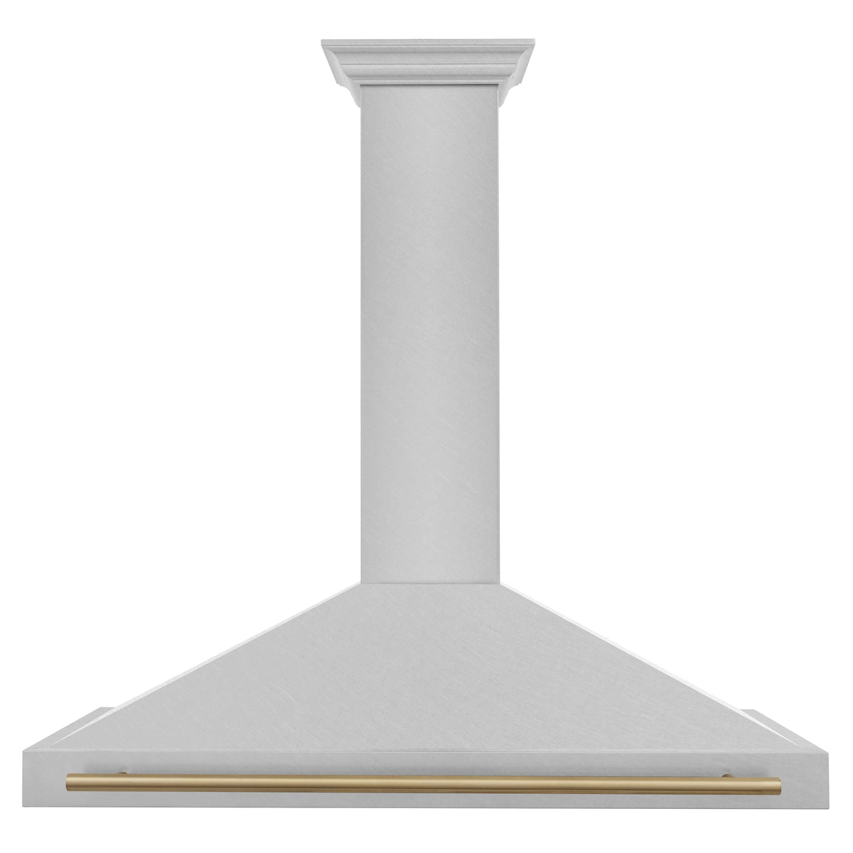Wall-mounted range hood canopy with satin stainless finish and champagne bronze front bar