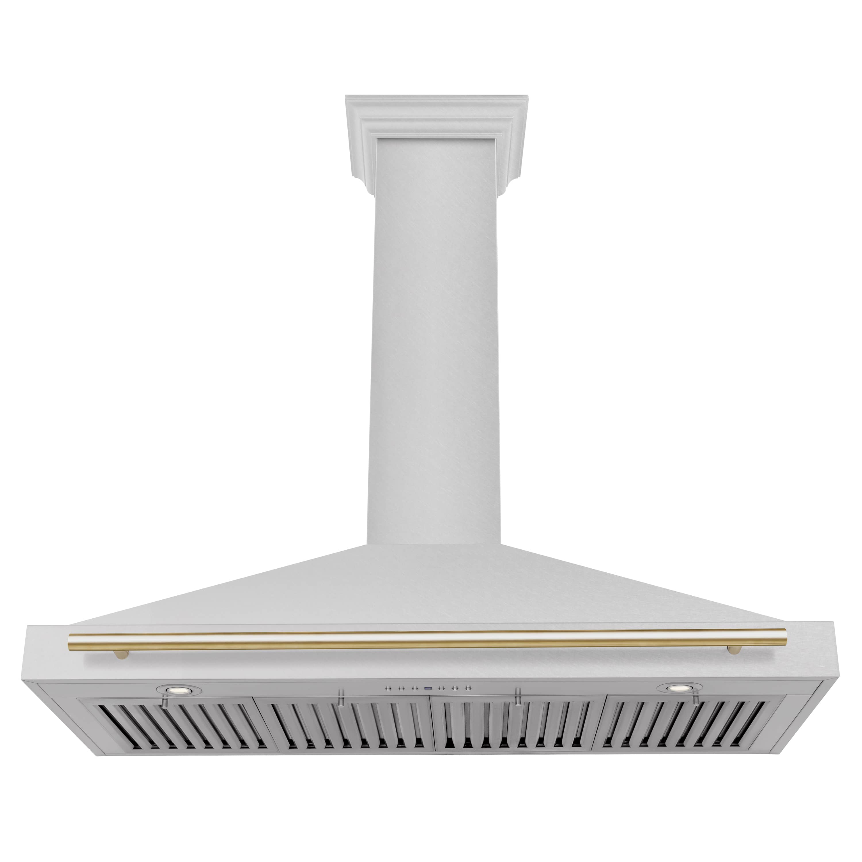 Wall-mounted range hood canopy with front vent grilles and gold accent trim bar