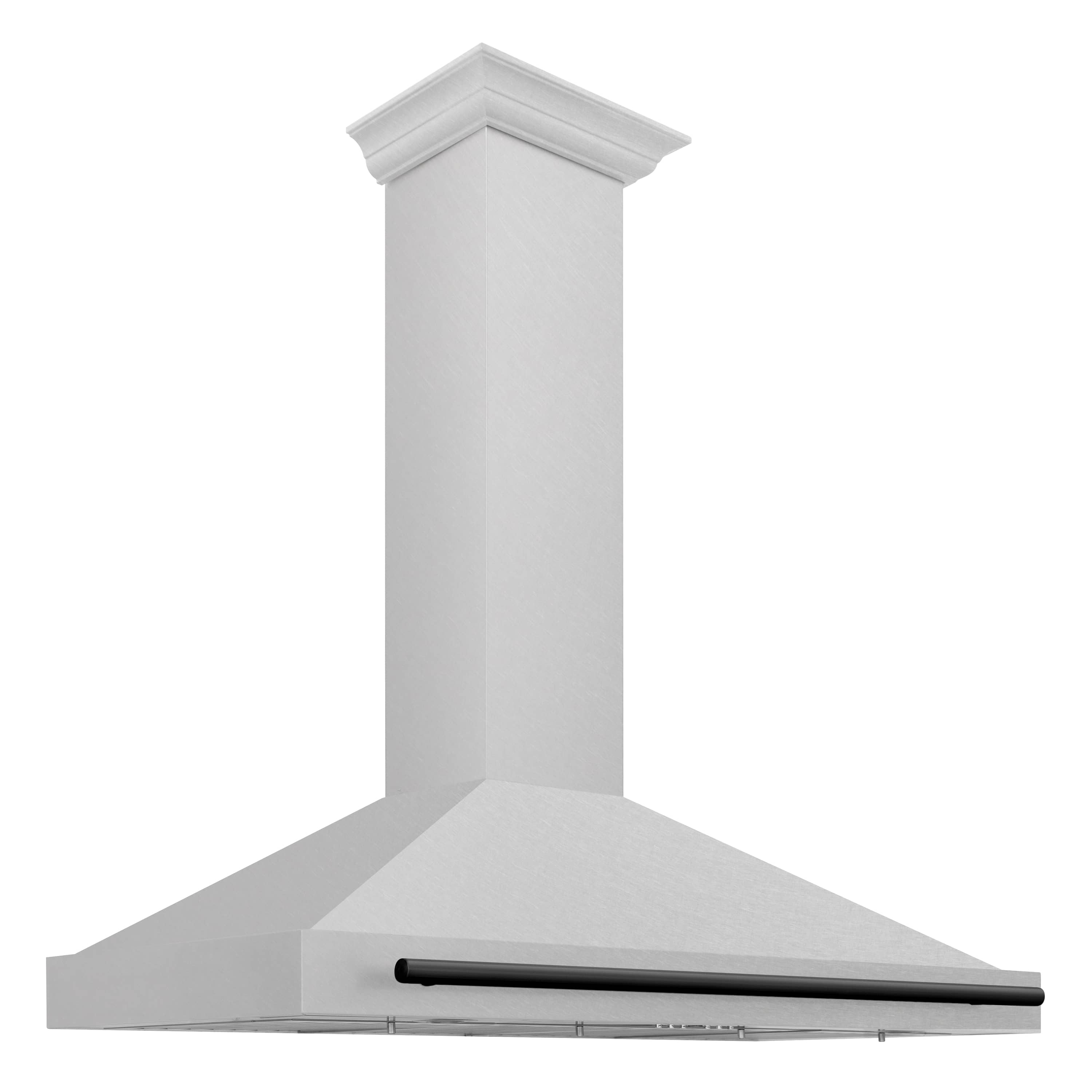 Wall-mounted range hood chimney and satin stainless-steel canopy with matte black handle bar