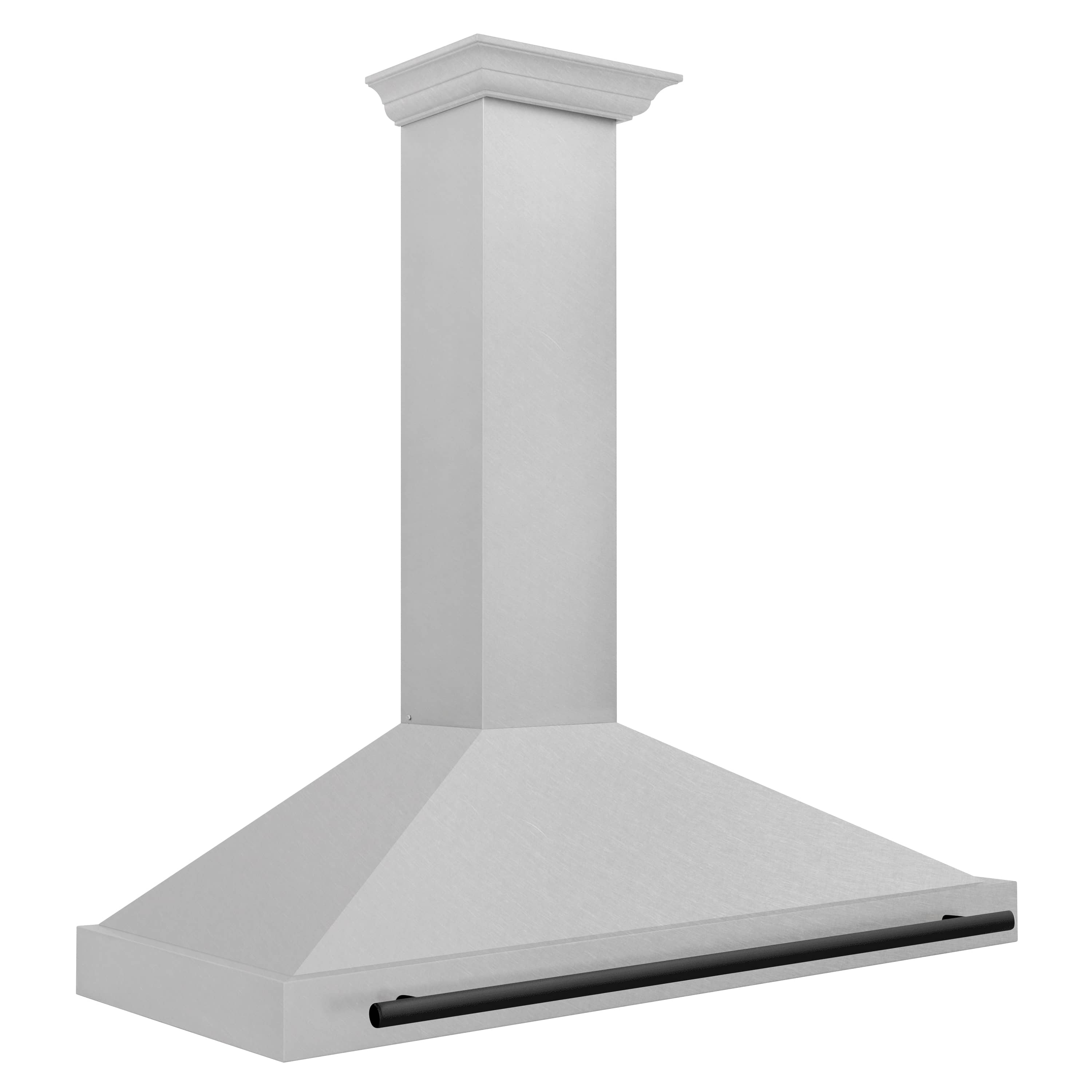 Wall-mounted range hood in satin stainless steel with matte black handle bar and flared canopy