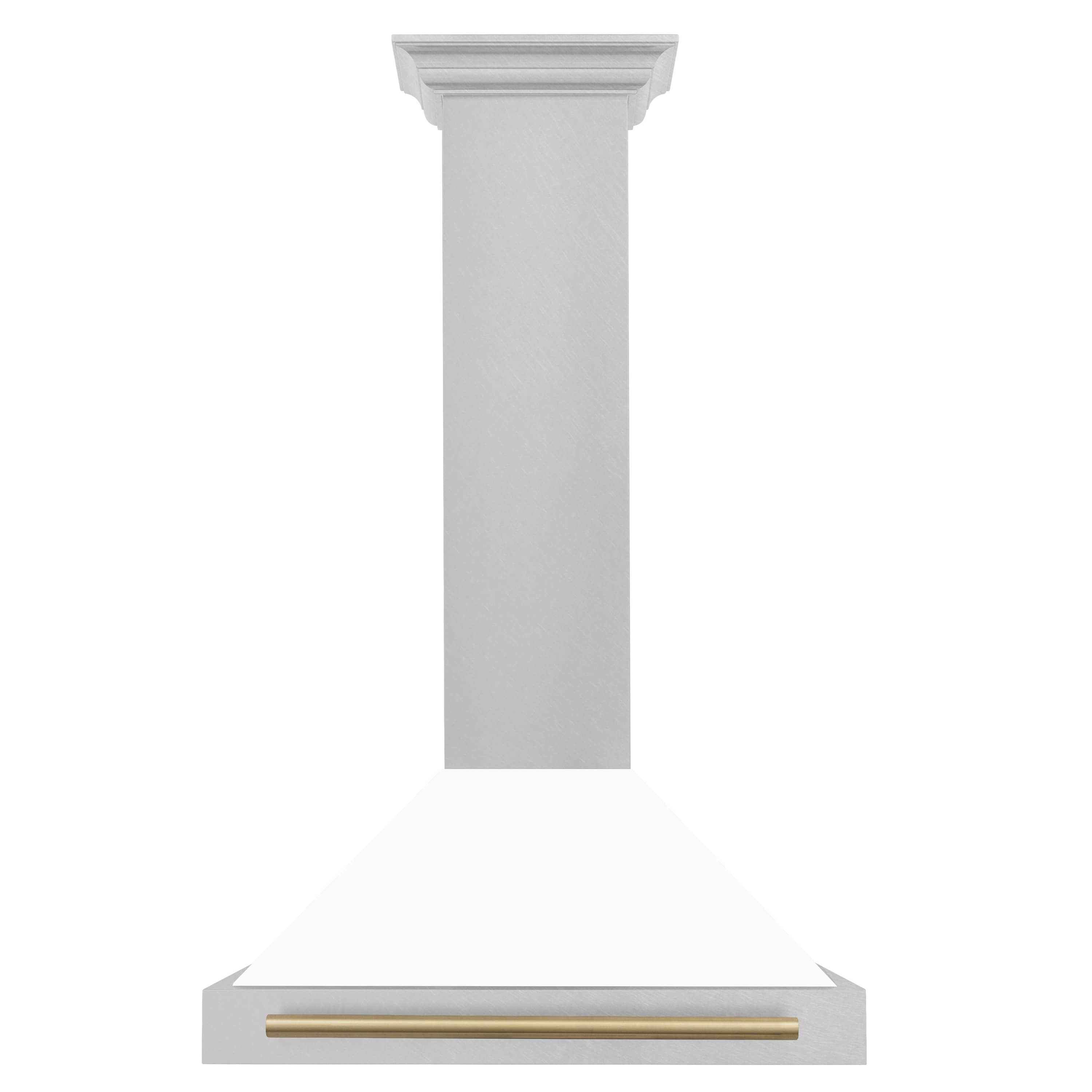 White matte chimney range hood with satin stainless base and champagne bronze bar handle