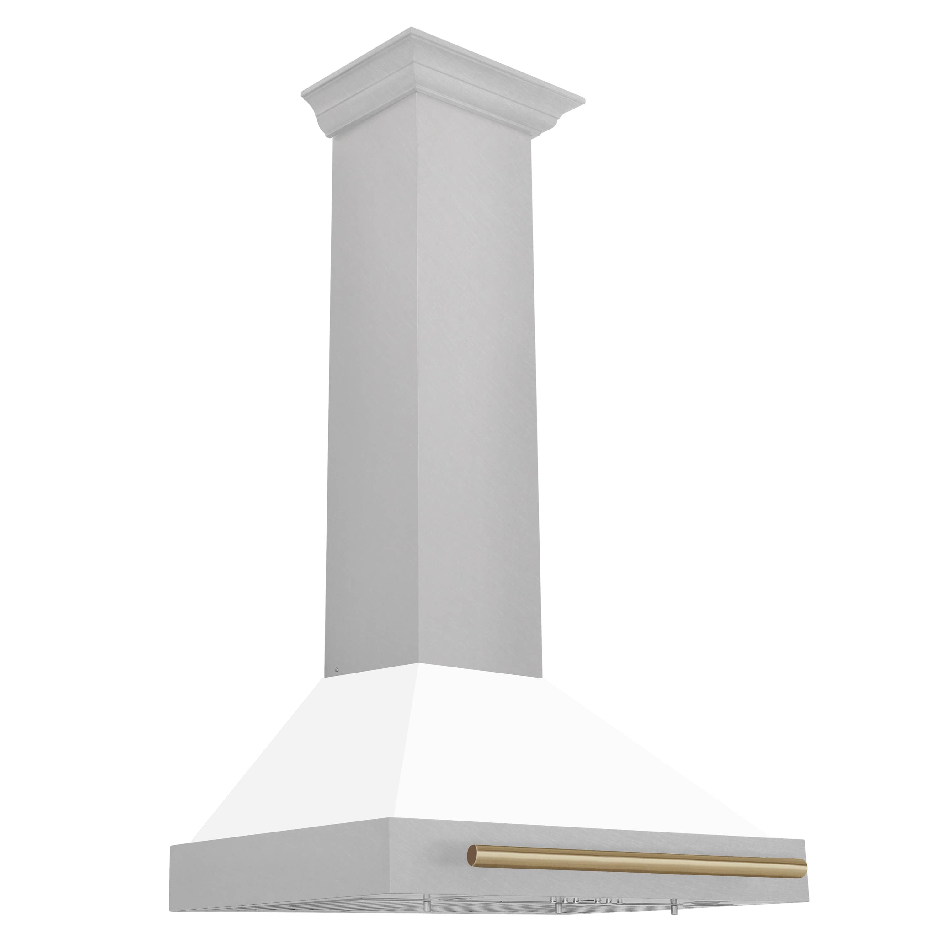 Angled view of wall-mounted range hood with white matte chimney and bronze bar handle