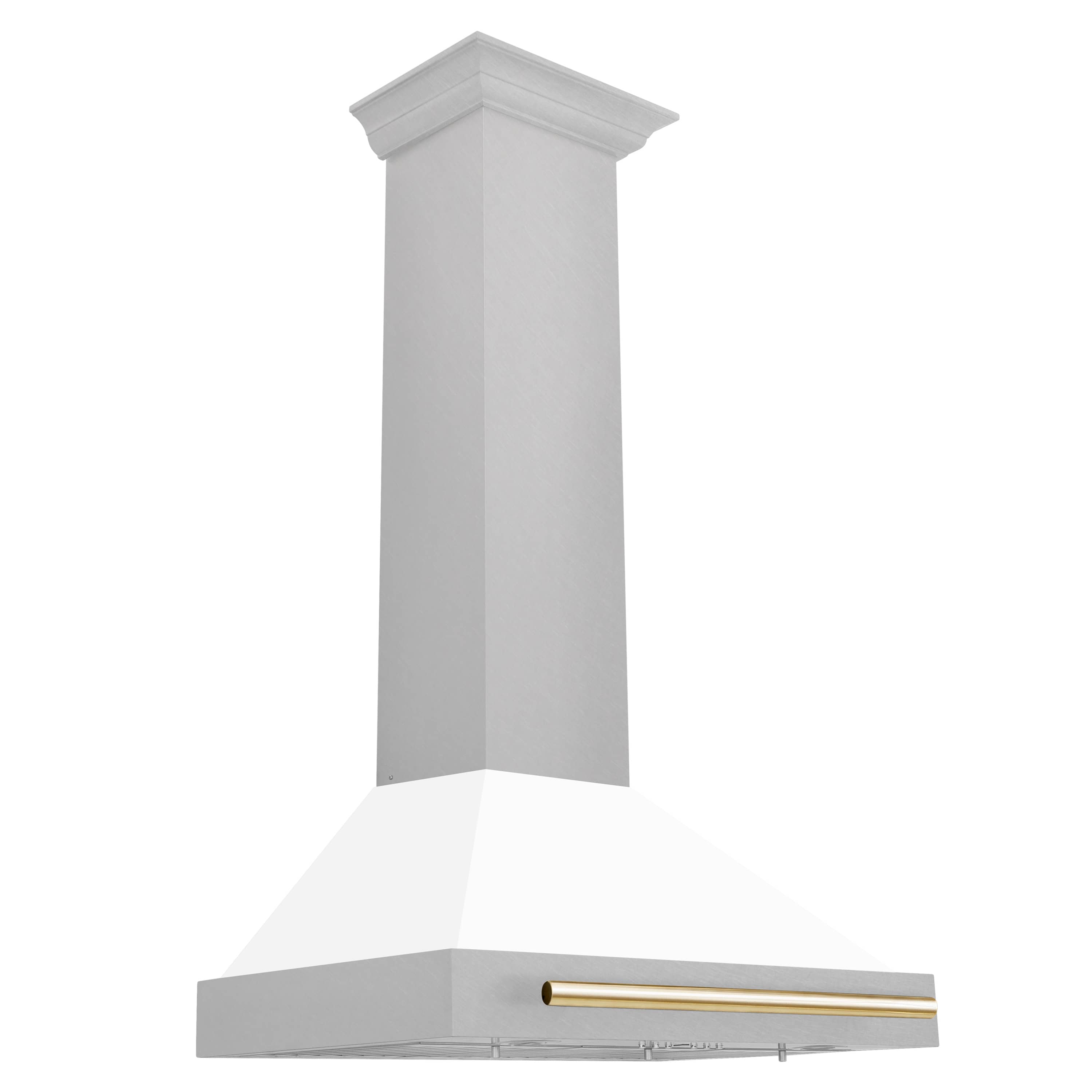 White matte wall range hood with gold horizontal handle trim