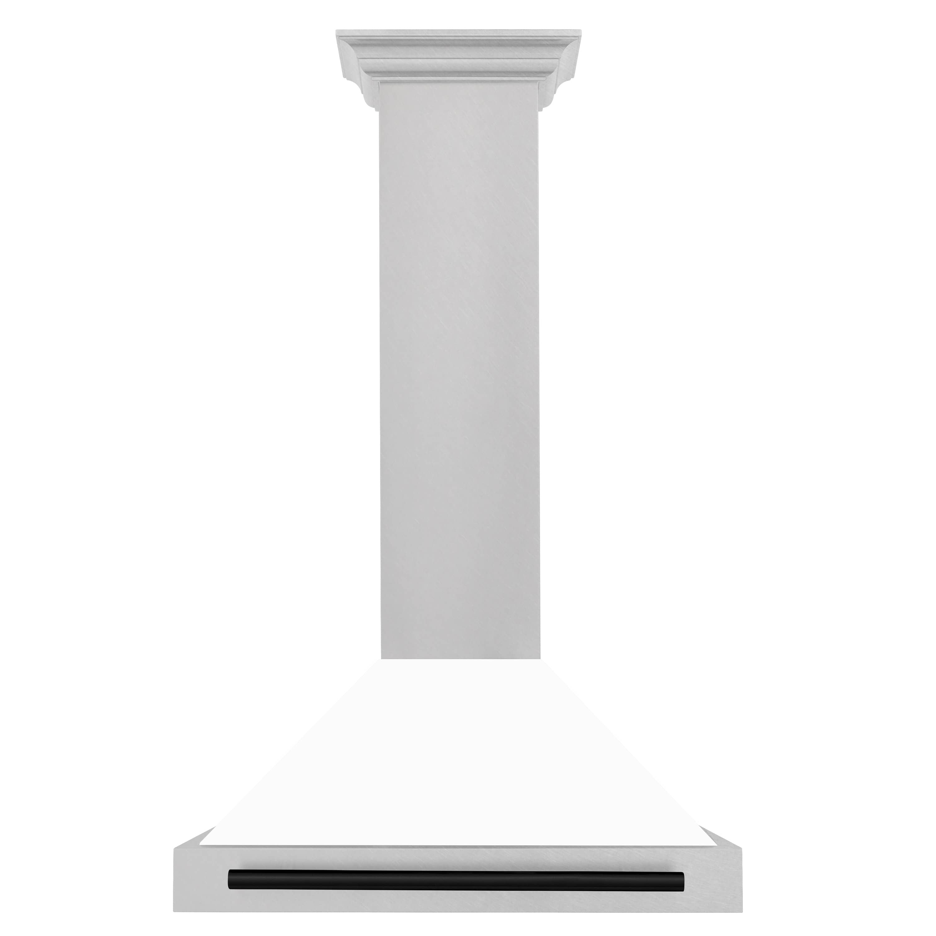 Wall-mounted range hood with white matte chimney and matte black bottom vent bar