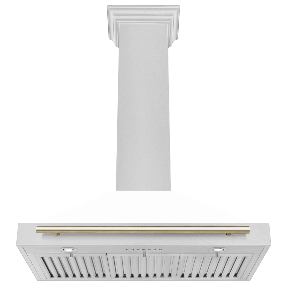 White matte wall-mounted range hood with gold handle bar and vented stainless grille