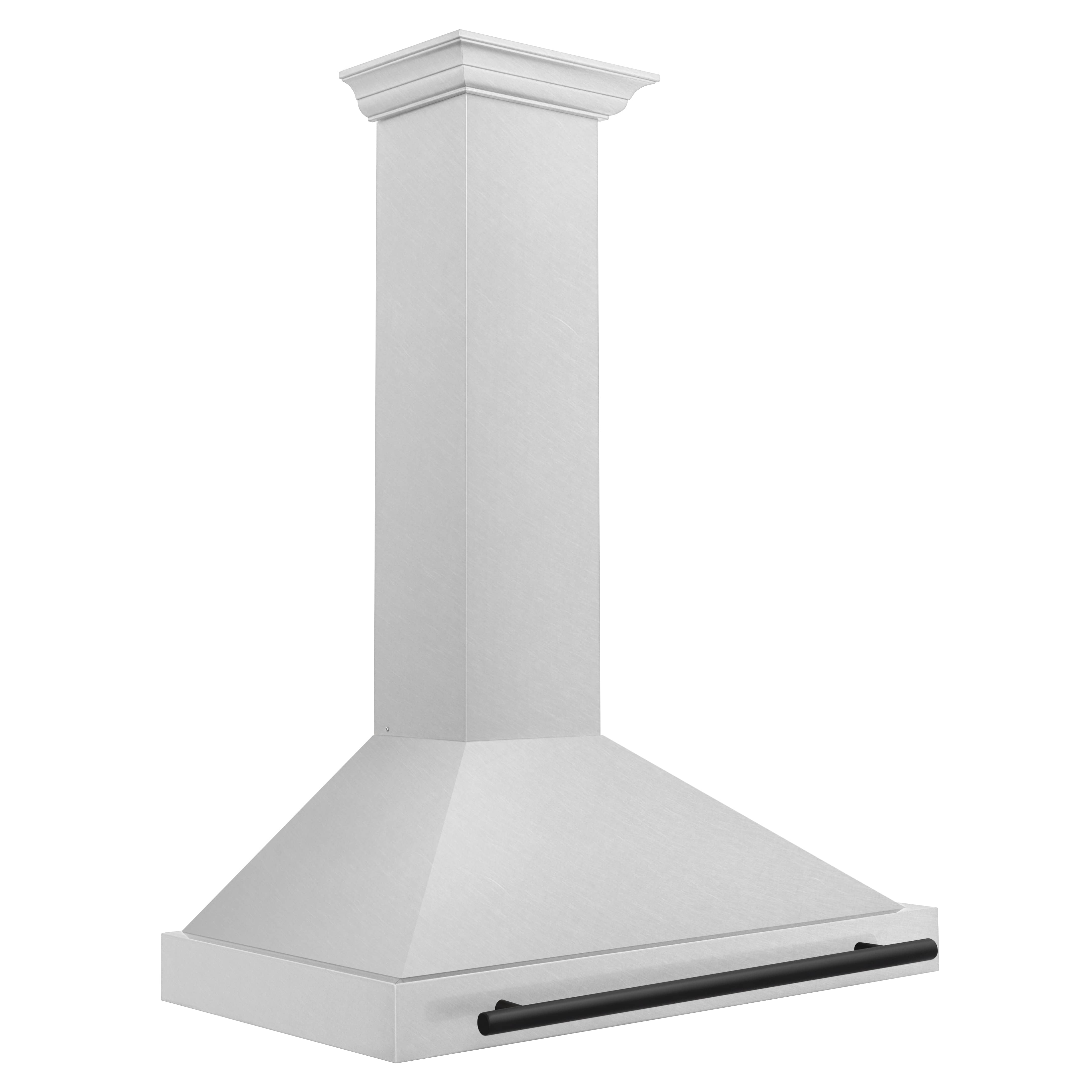 Wall-mounted range hood with matte black handle and sloped canopy, white stainless
