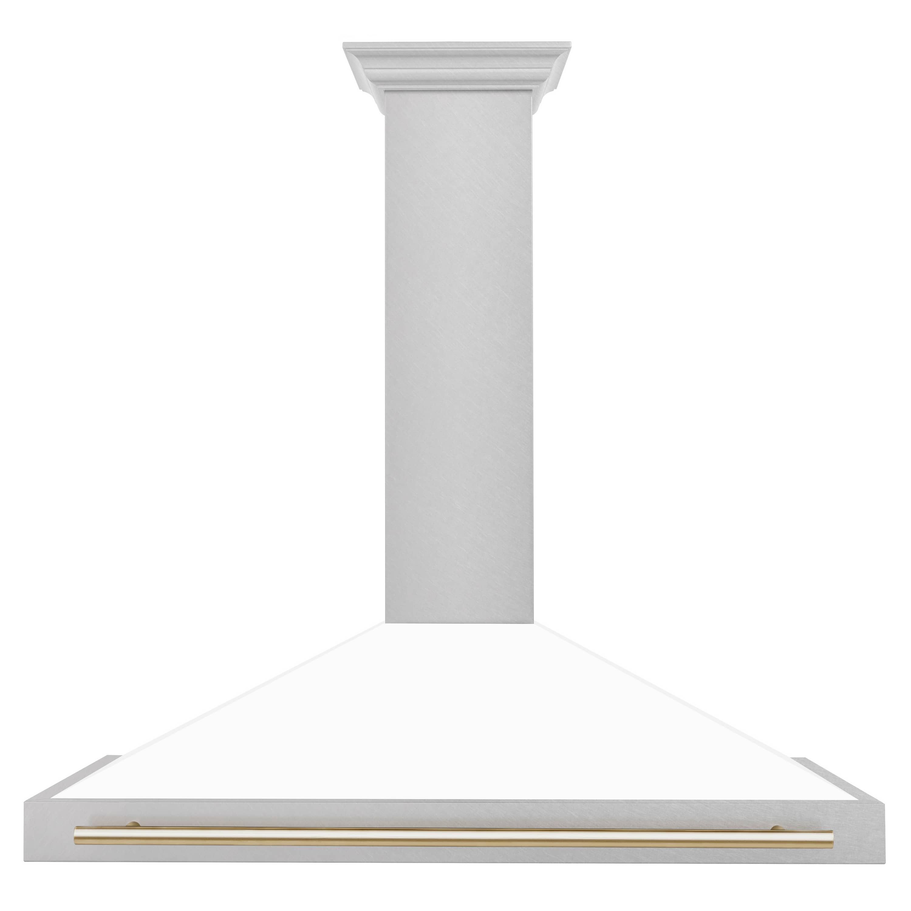 Wall-mounted white range hood canopy with gold accent bar along the front edge.