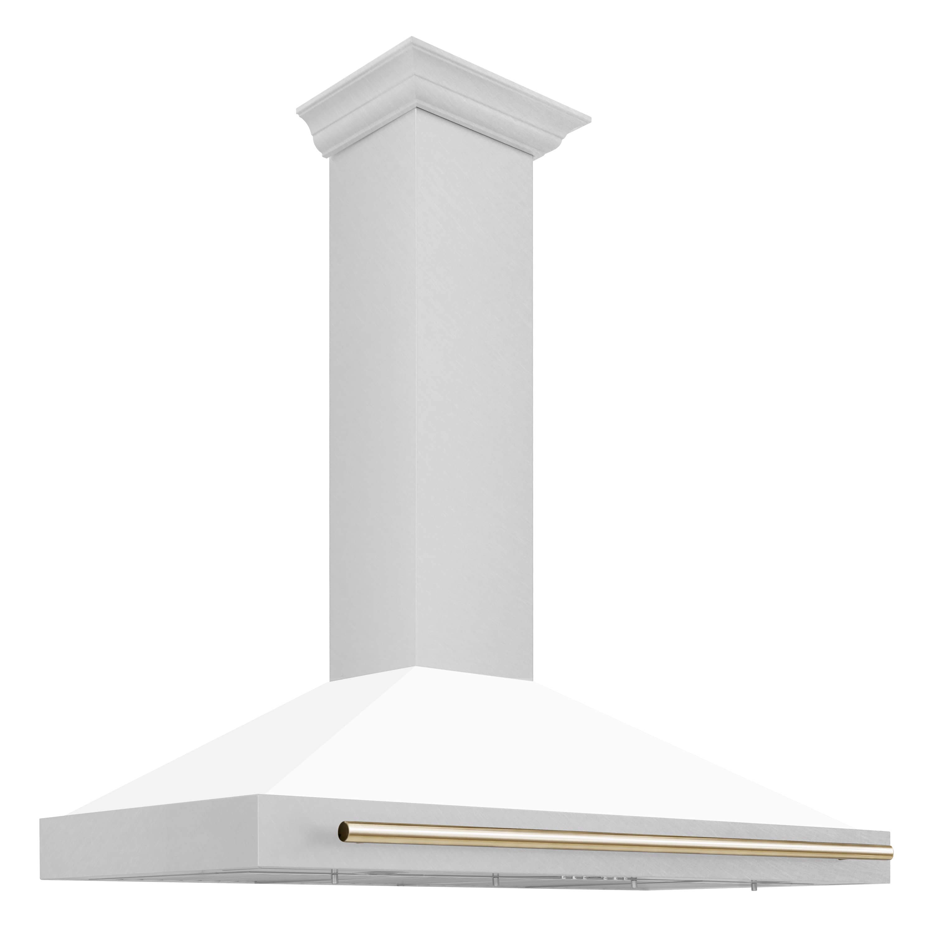 Wall-mounted white range hood with tall chimney column and gold front accent bar.